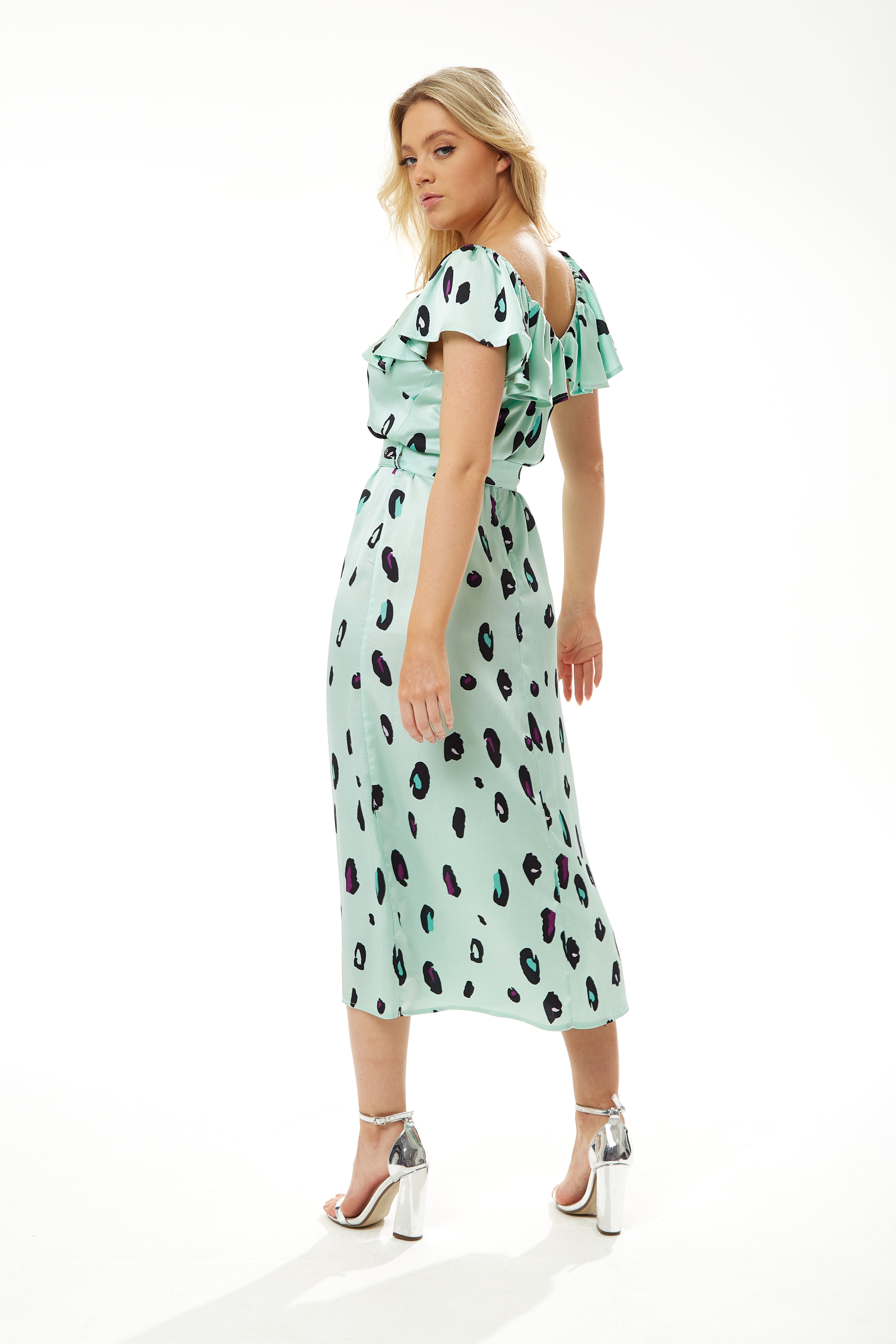 Women's Midi Dress with Off Shoulder Sleeves in Mint Animal Print - Liquorish