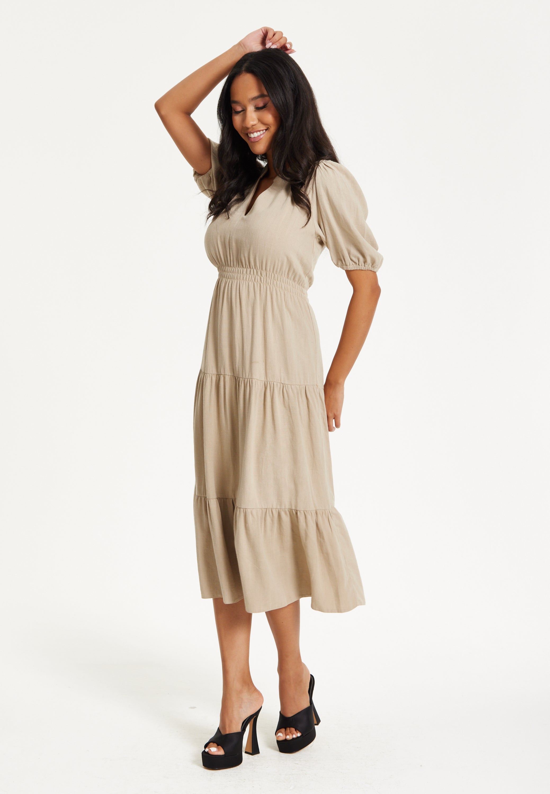 Beige Puff Sleeve Tiered Midi Dress
