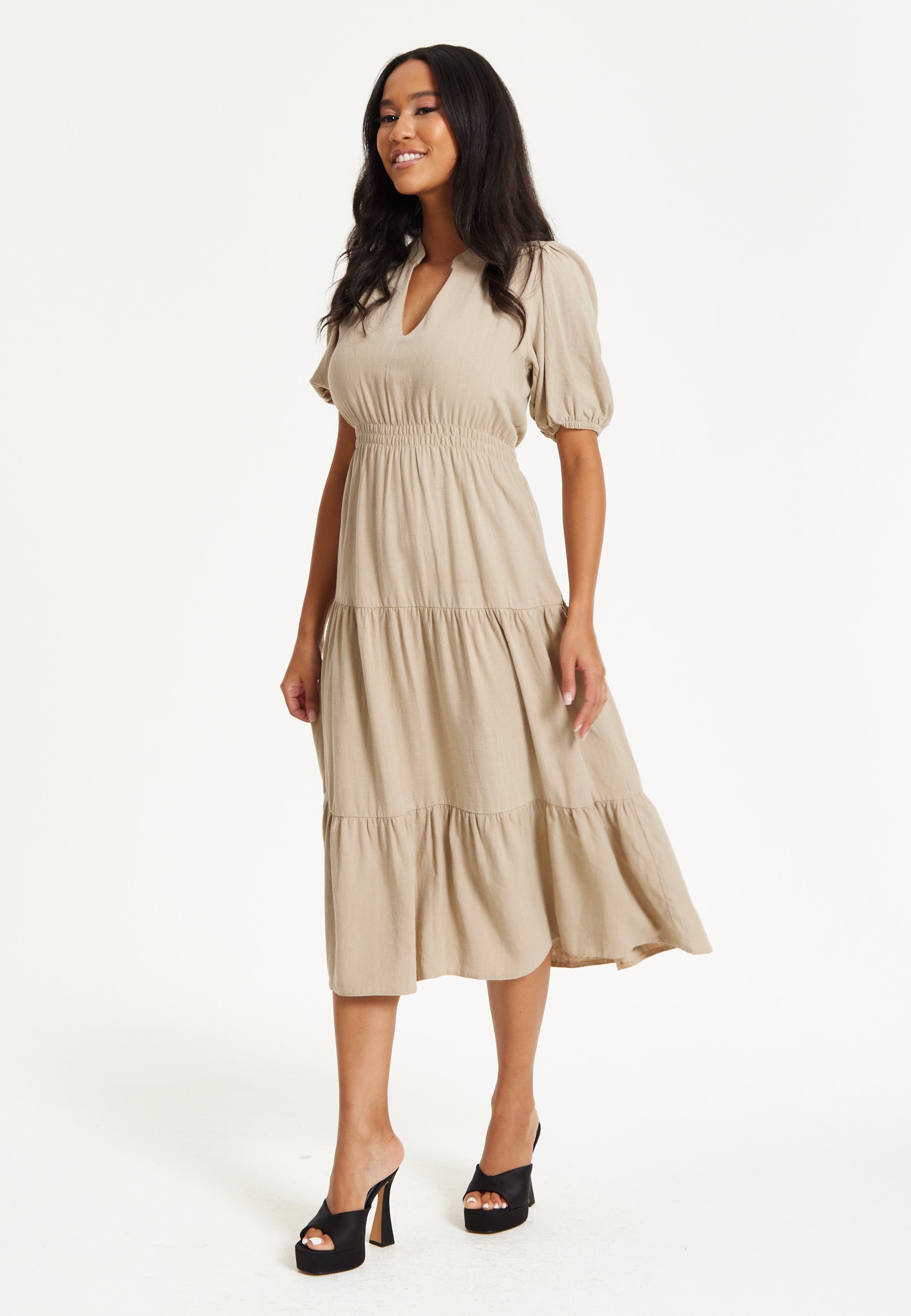 Beige Puff Sleeve Tiered Midi Dress