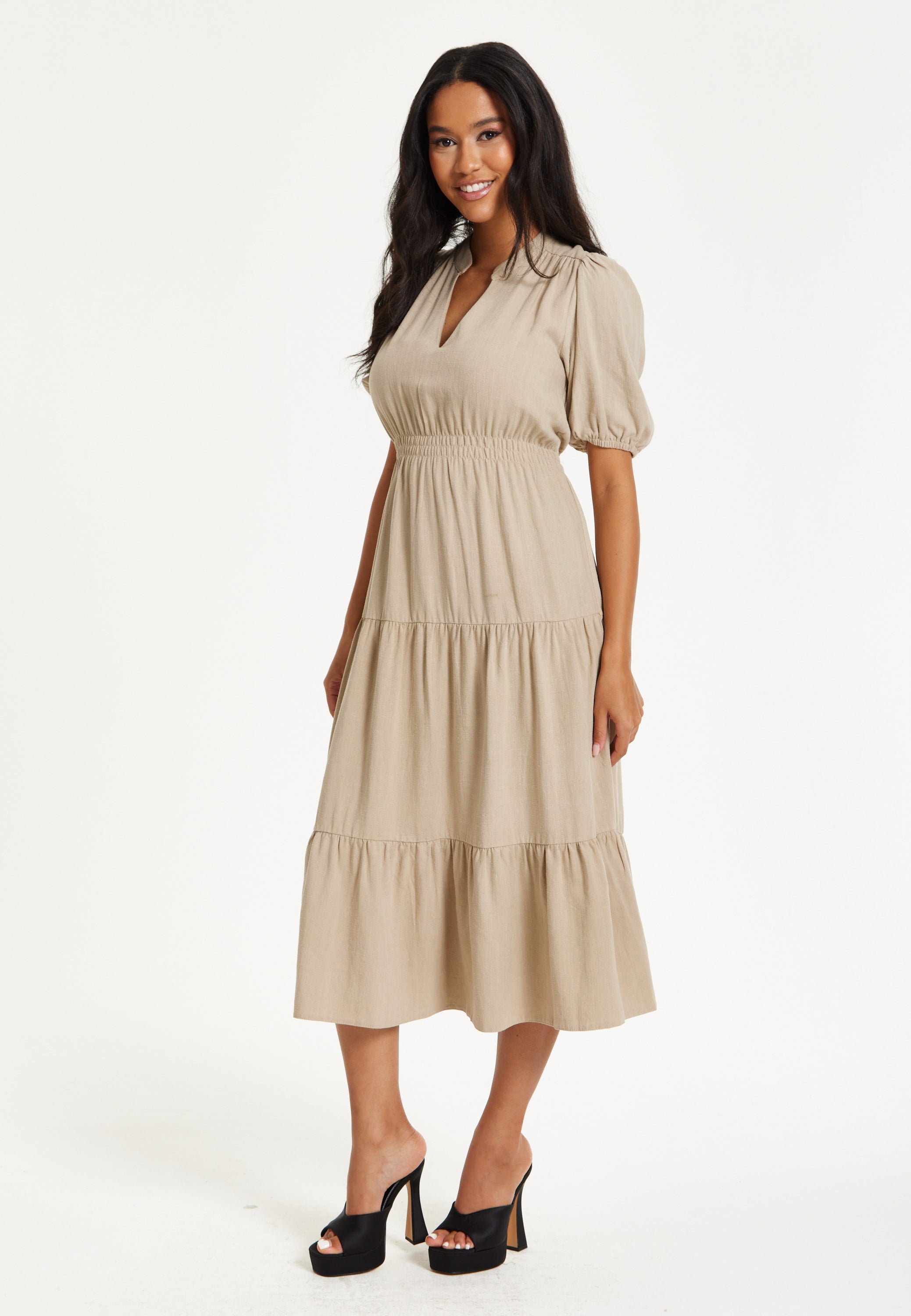 Beige Puff Sleeve Tiered Midi Dress