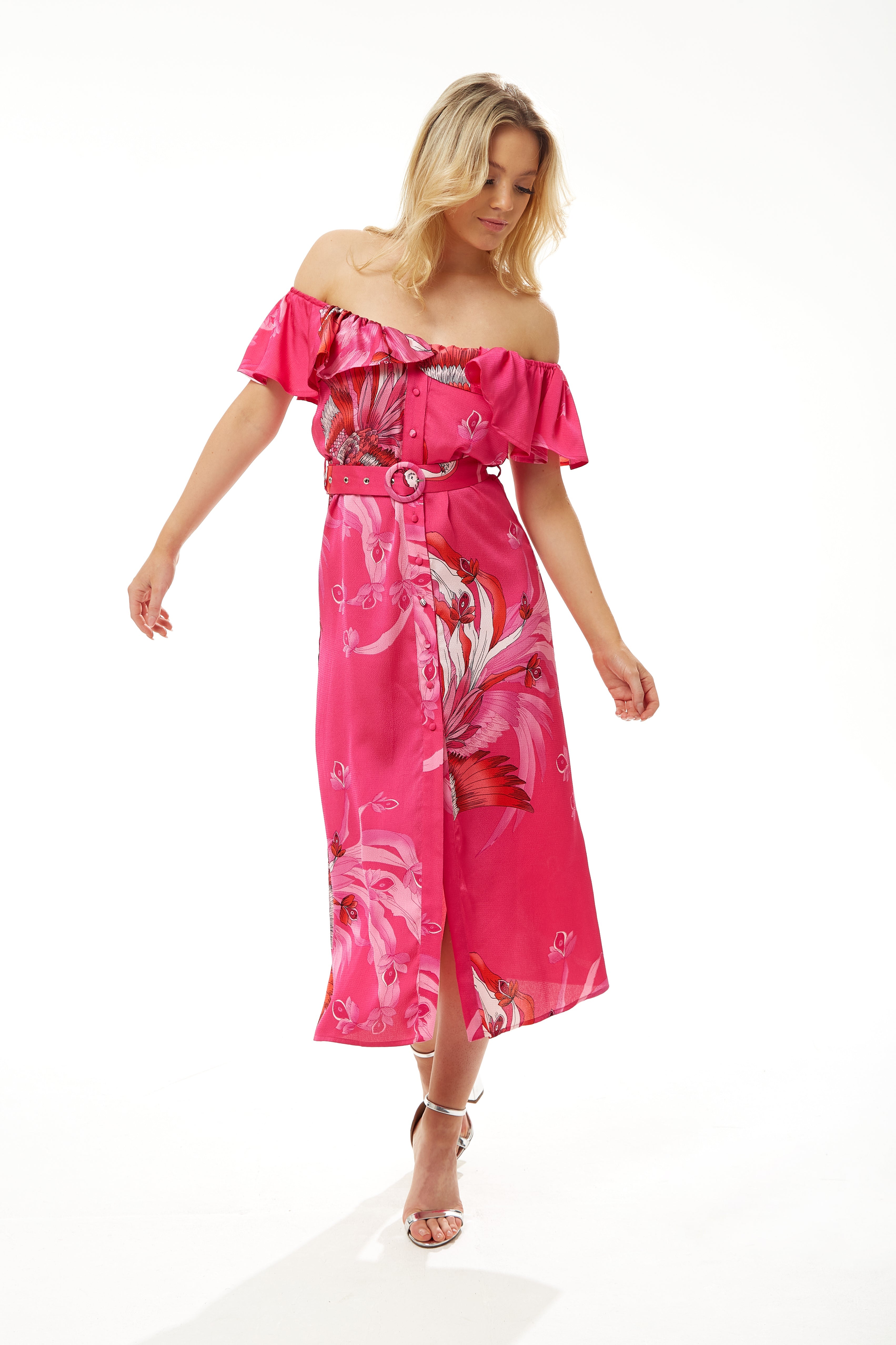 Women's Midi Dress in Fuchsia Bird Print with Off-Shoulder Sleeves - Liquorish