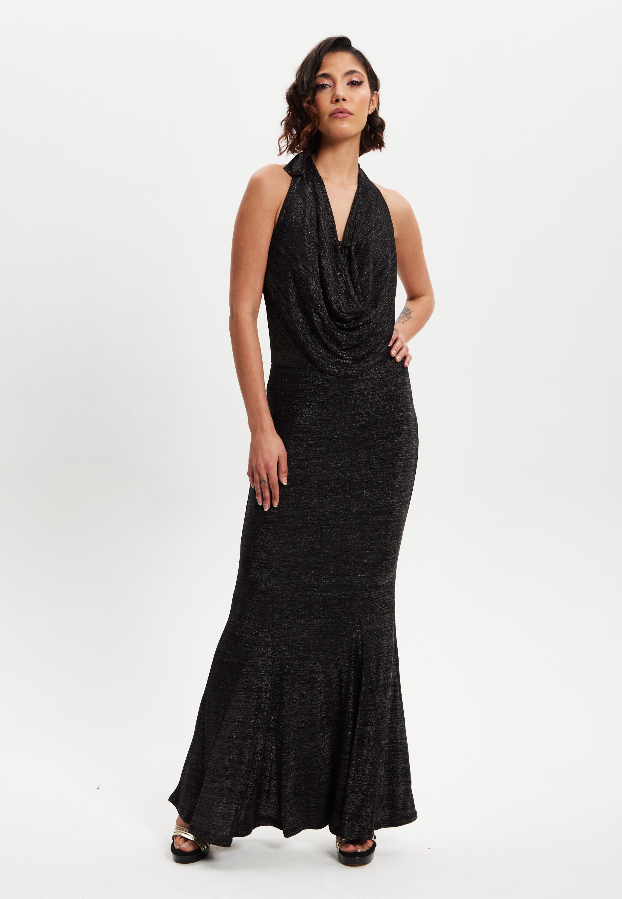 Women's Maxi Dress in Black with Halter Neck Tie, Bodycon Fit, Full Length, Elastic - Liquorish