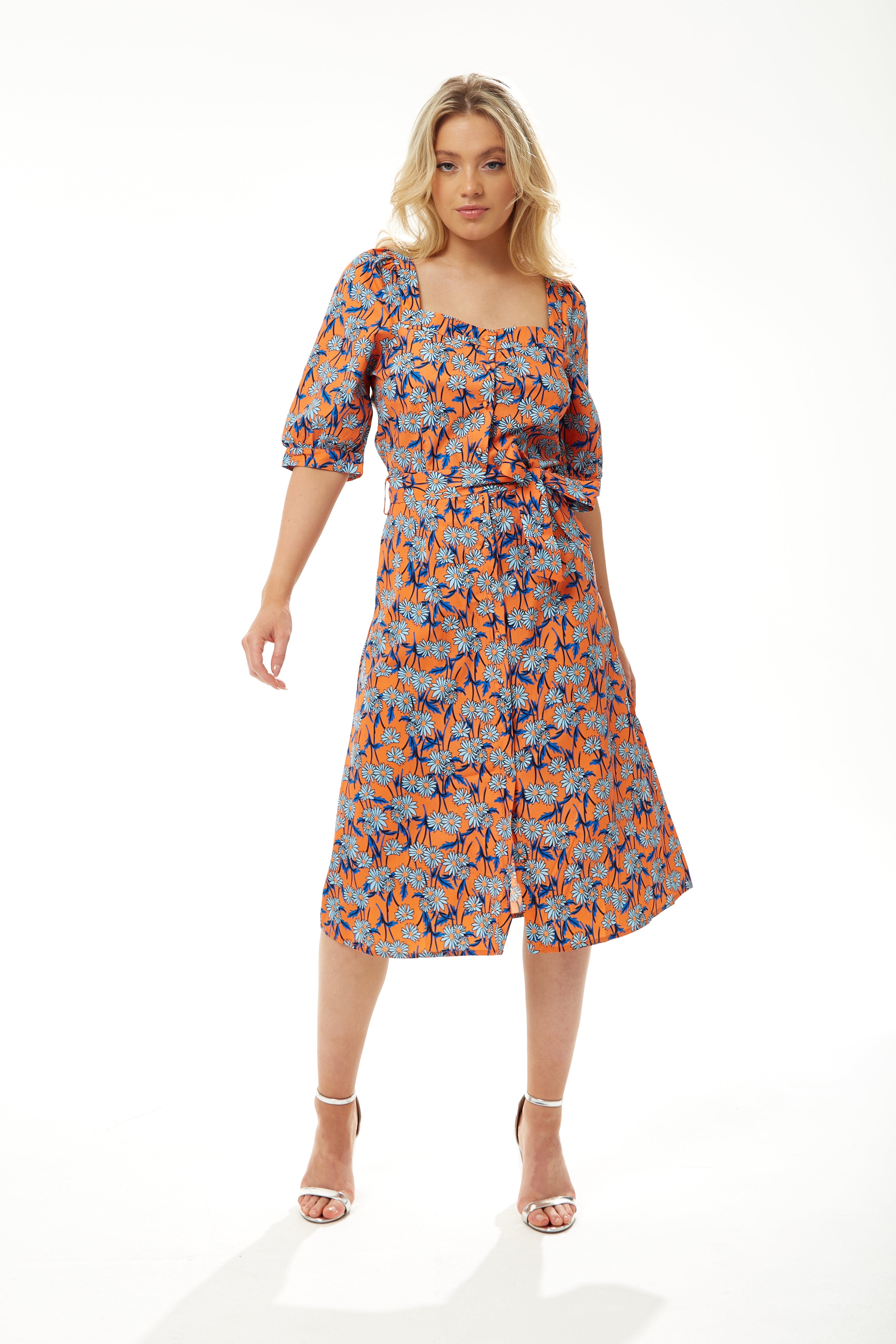 Women's Midi Dress in Orange Floral with Short Sleeves and Waist Tie - Liquorish