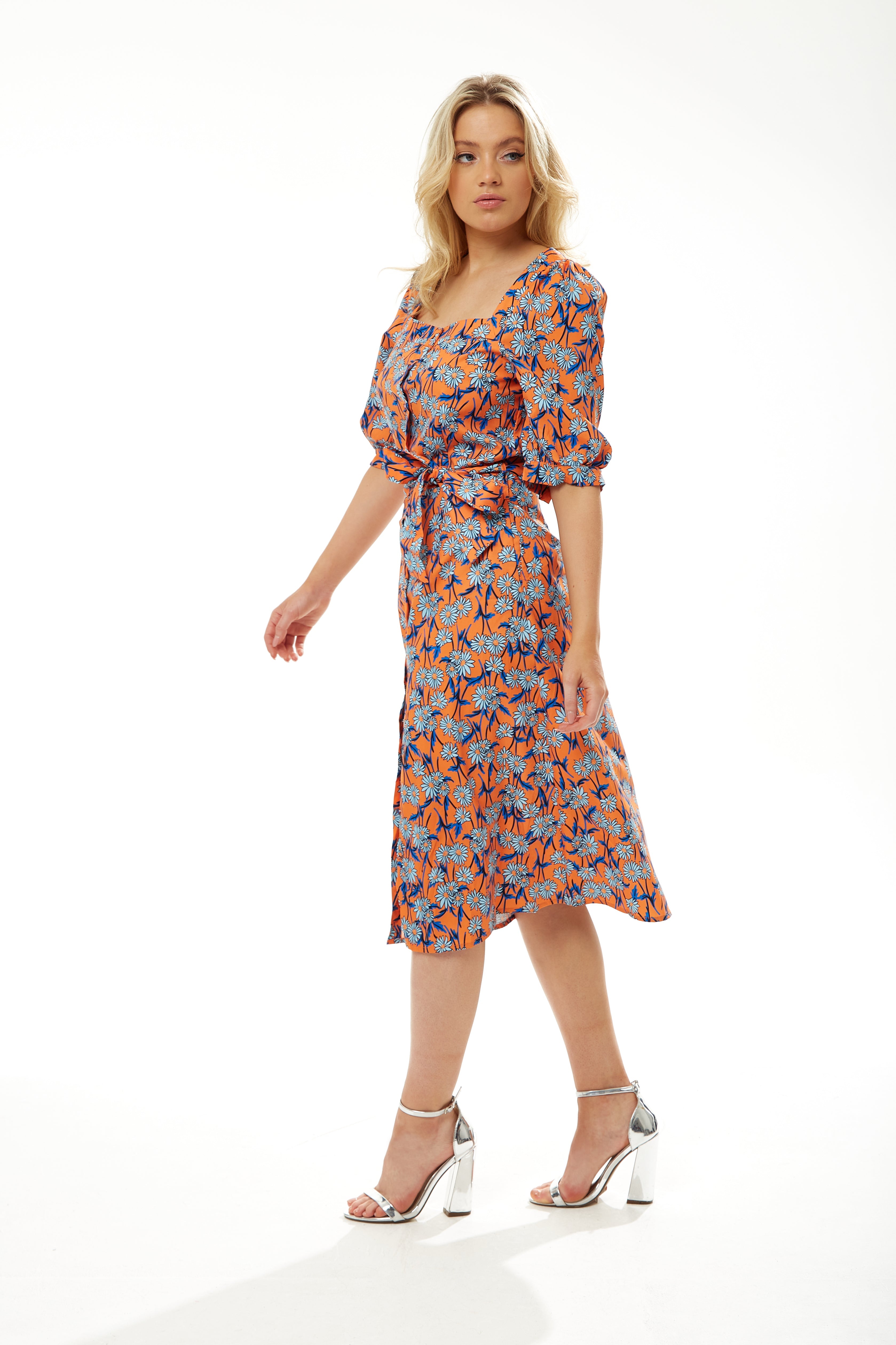 Women's Midi Dress in Orange Floral with Short Sleeves and Waist Tie - Liquorish