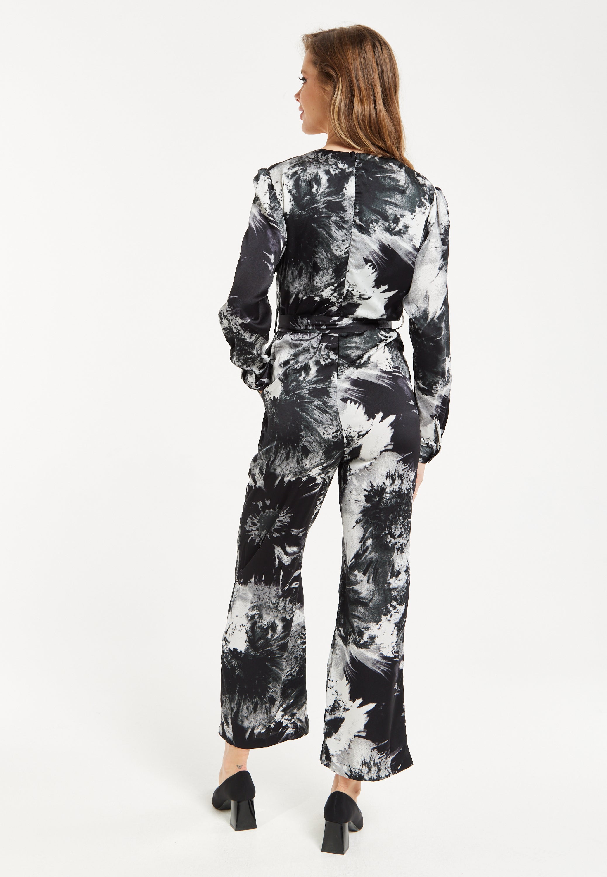 Women's Mono Abstract Print Long Sleeve Jumpsuit with Crossover Front and Tie Waist - Liquorish