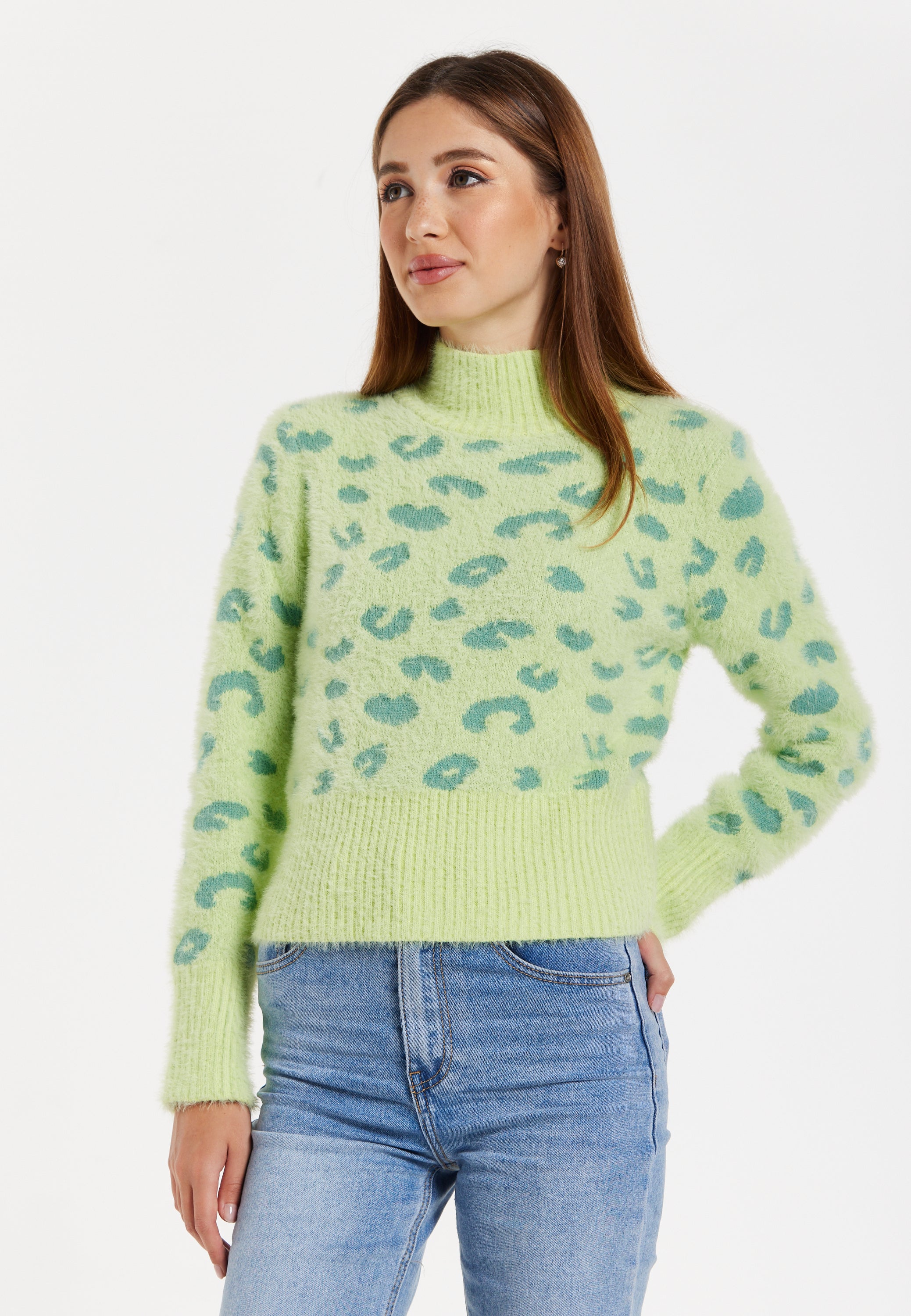 Women's Jumper in Green with Fluffy Texture, Leopard Print, Turtle Neck, and Long Sleeves - Regular Fit