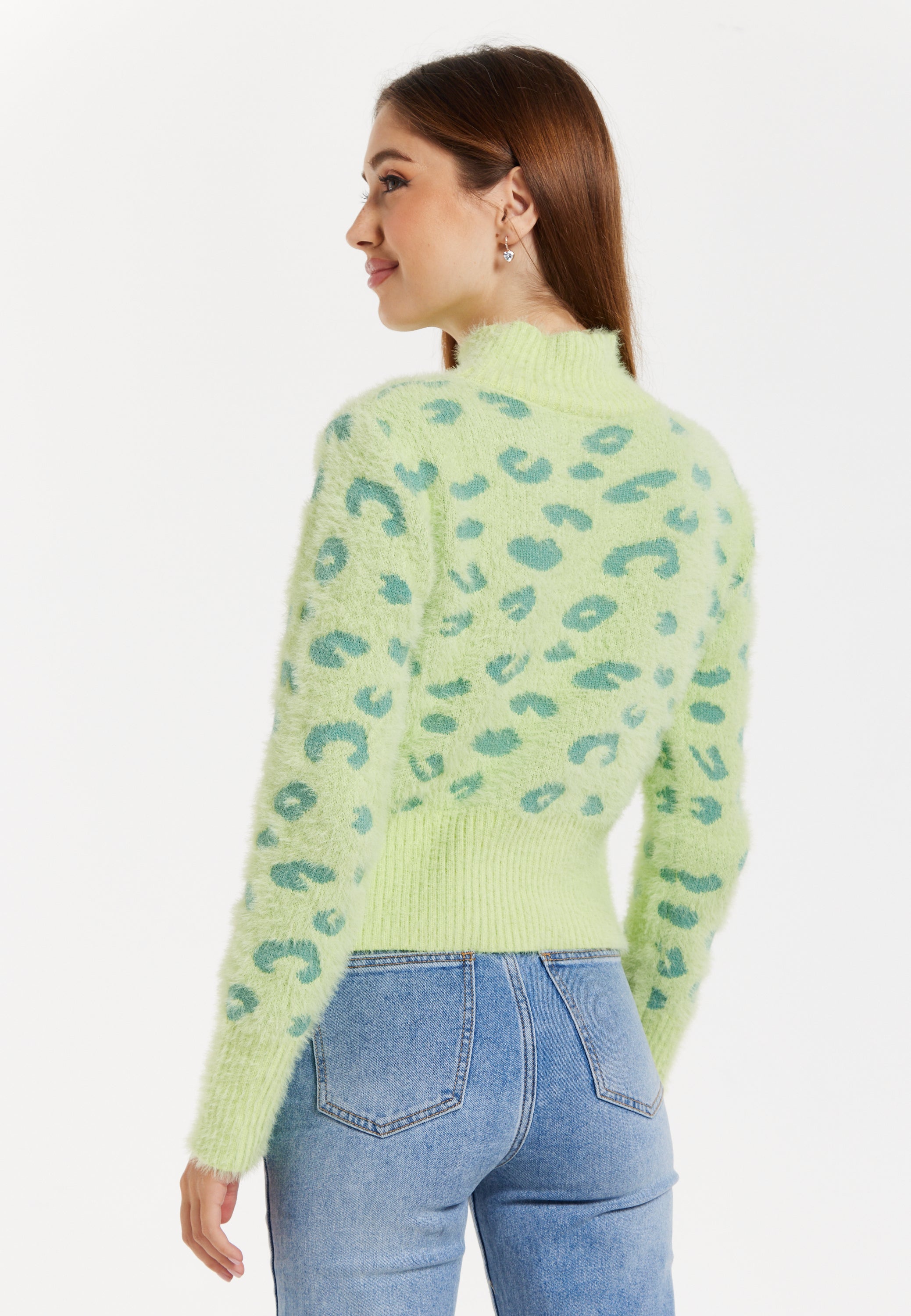Women's Jumper in Green with Fluffy Texture, Leopard Print, Turtle Neck, and Long Sleeves - Regular Fit