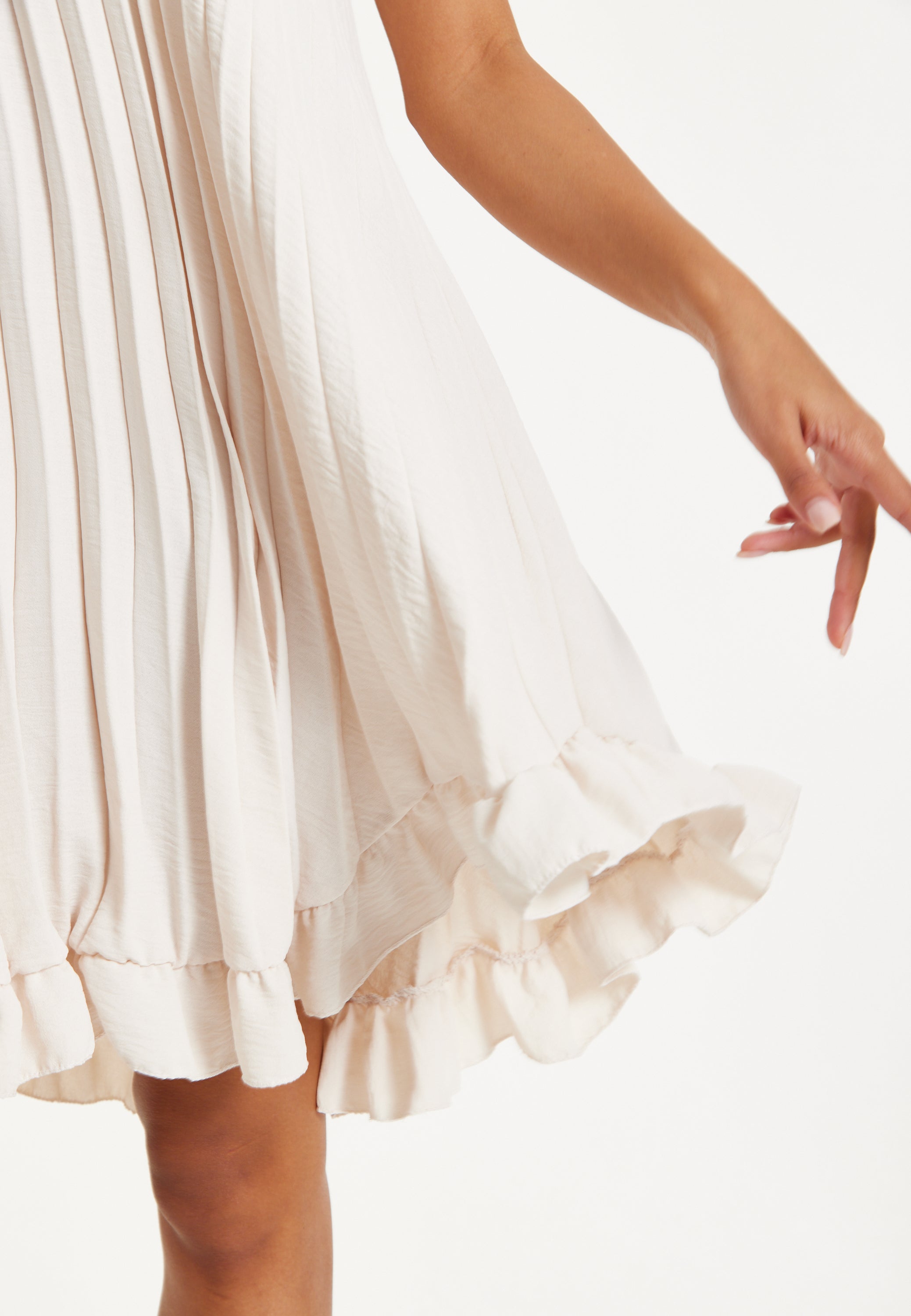 Beige Pleated Ruffle Mini Dress