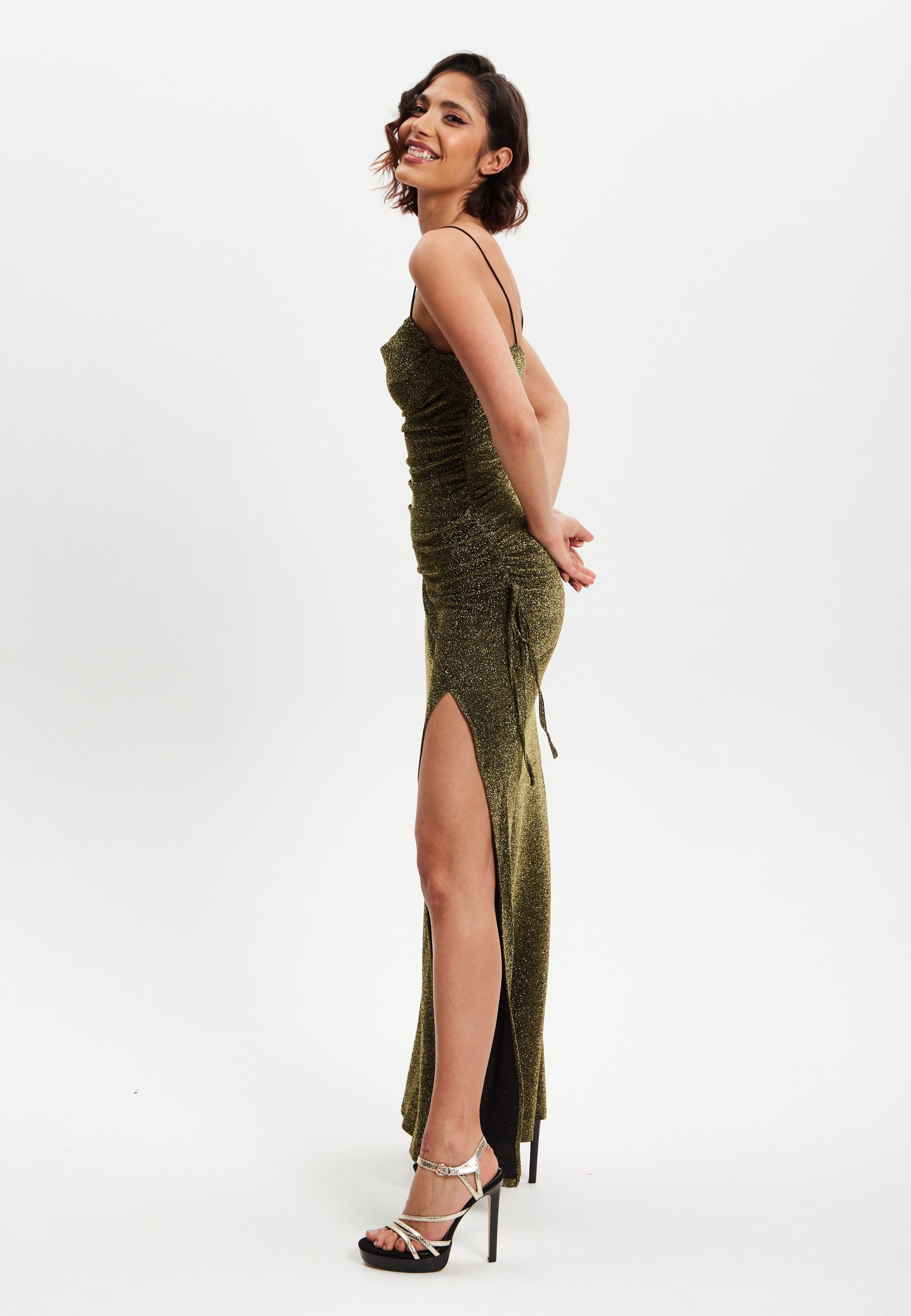 Women's Maxi Dress in Gold with Sleeveless Design and Thigh-High Split - Liquorish