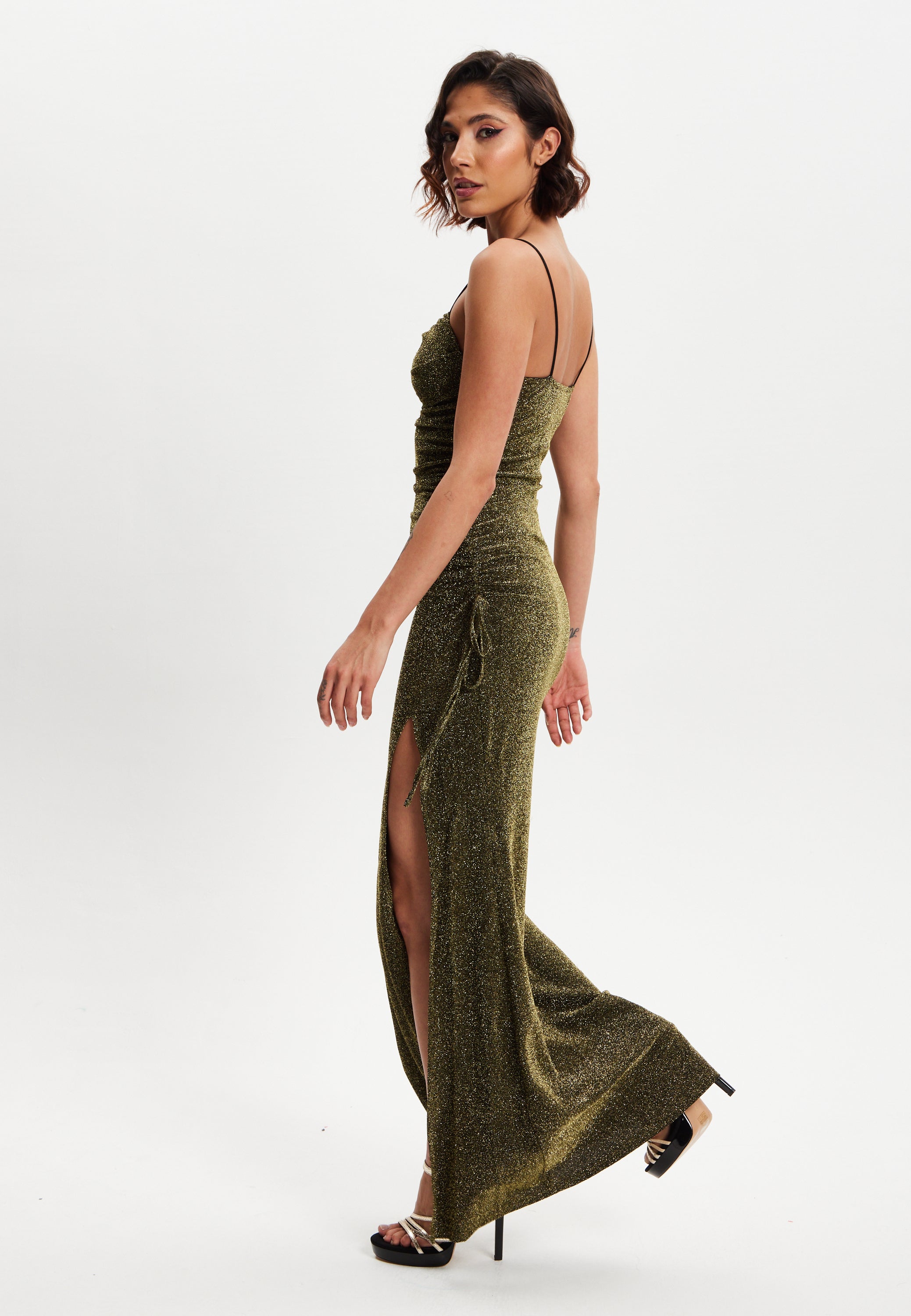 Women's Maxi Dress in Gold with Sleeveless Design and Thigh-High Split - Liquorish