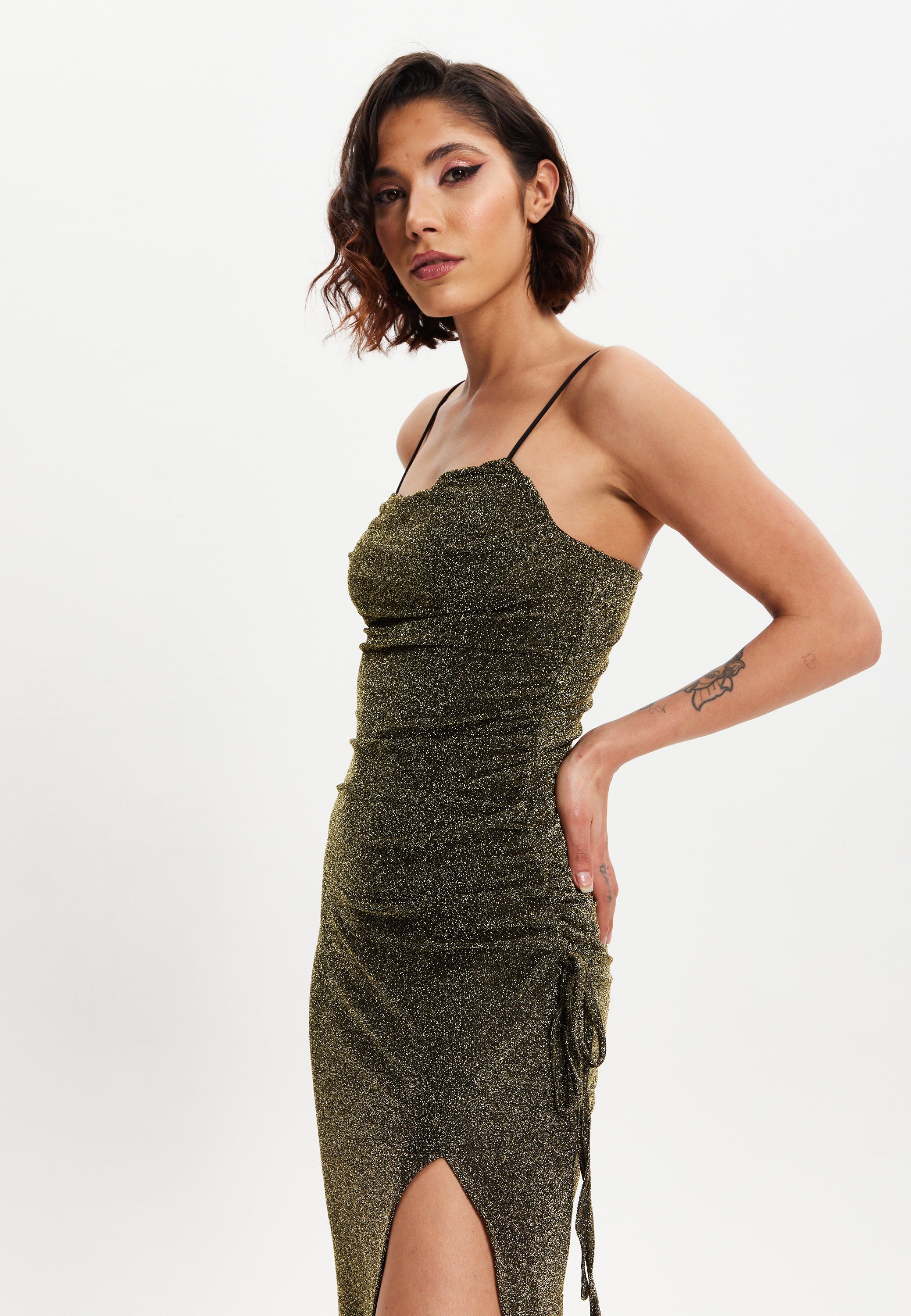 Women's Maxi Dress in Gold with Sleeveless Design and Thigh-High Split - Liquorish