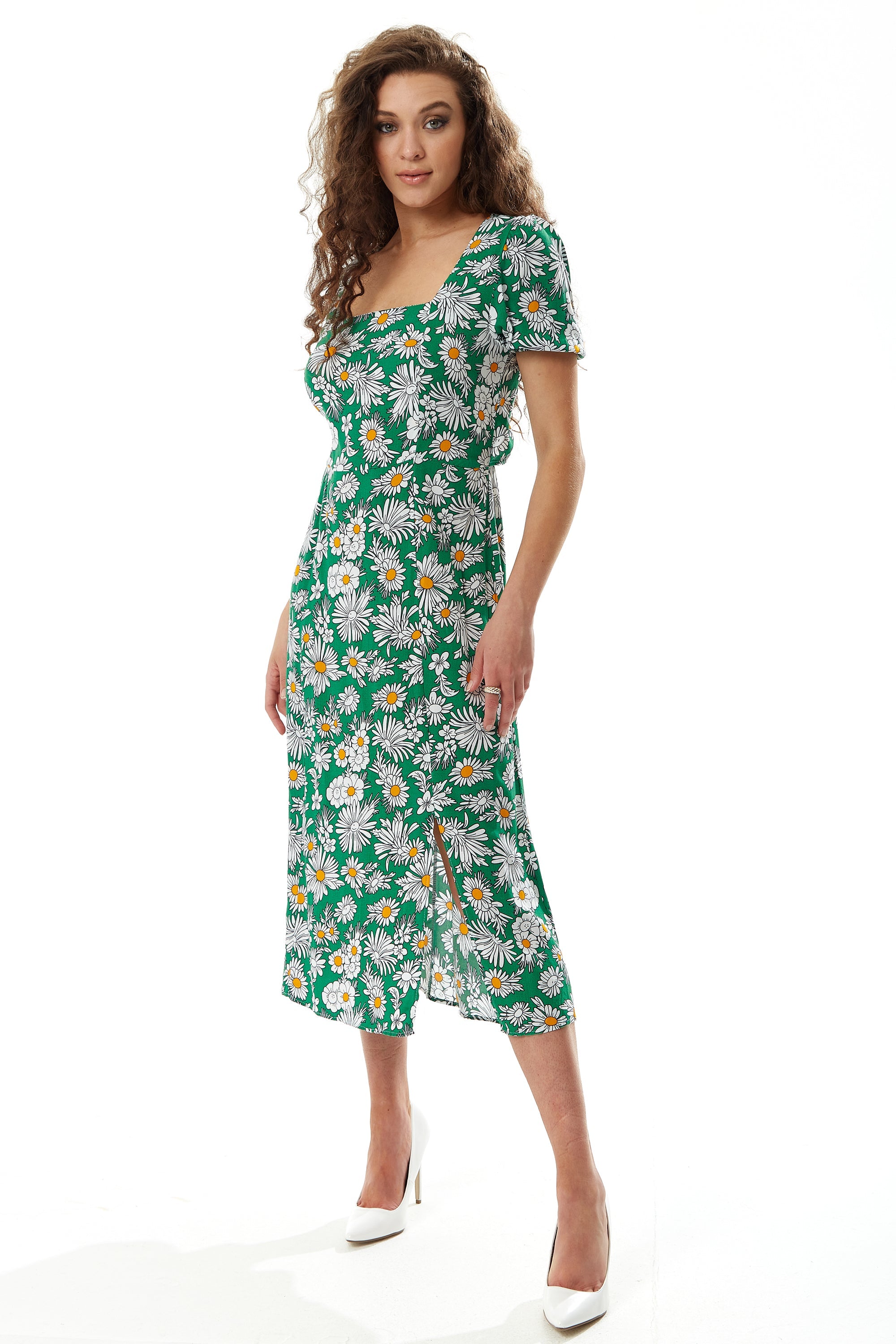 Women's Midi Dress in Floral Print with Short Sleeves and Cut Out Back - Liquorish