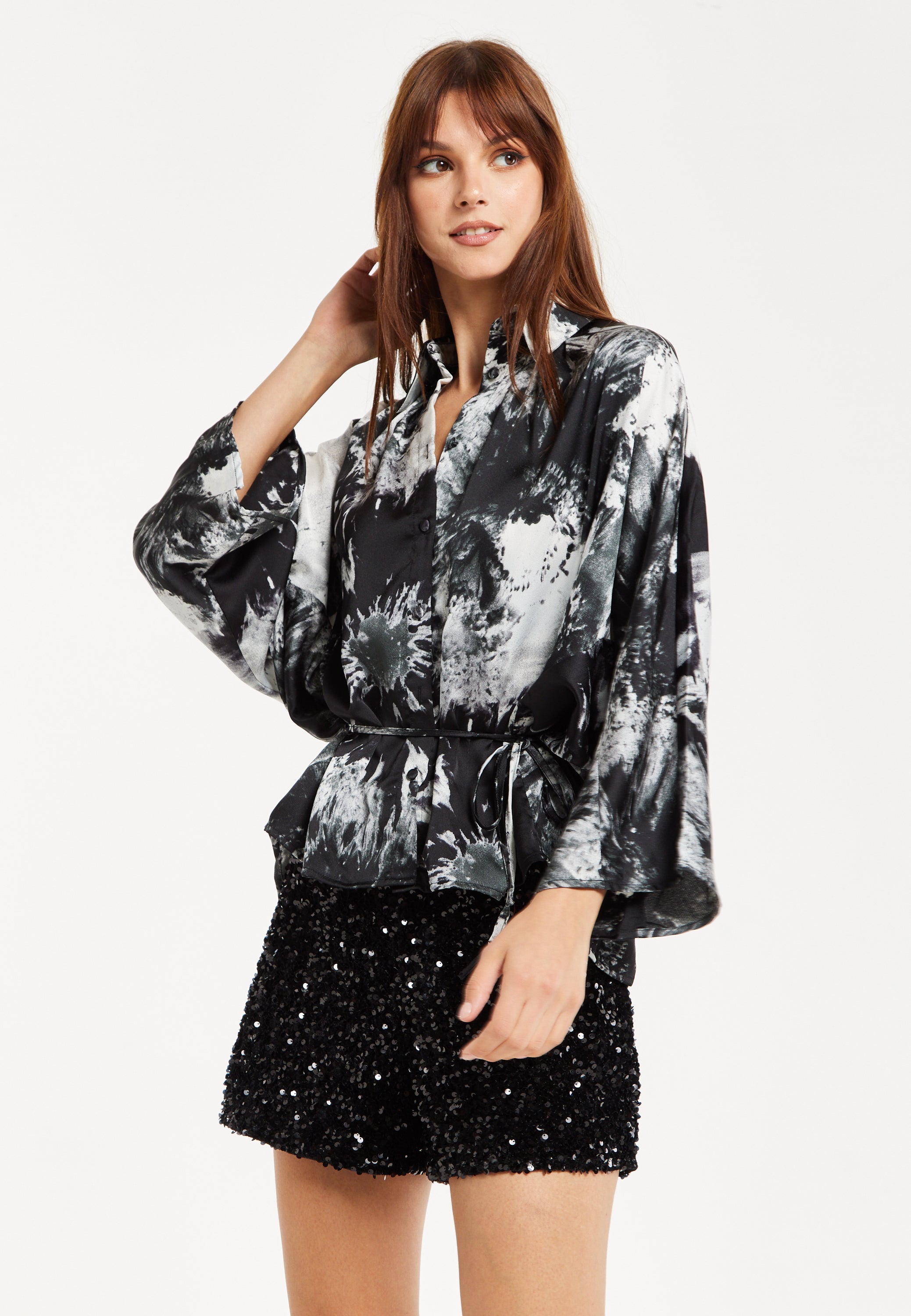 Women's Abstract Print Shirt with Long Sleeves, Button Up Front, Matching Tie Waist, and Shirt Collar - Regular Fit
