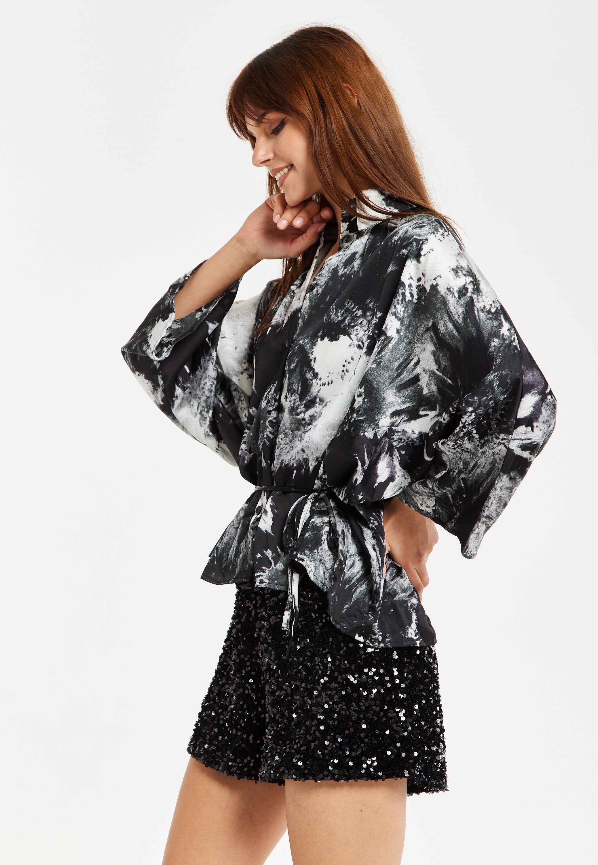 Women's Abstract Print Shirt with Long Sleeves, Button Up Front, Matching Tie Waist, and Shirt Collar - Regular Fit