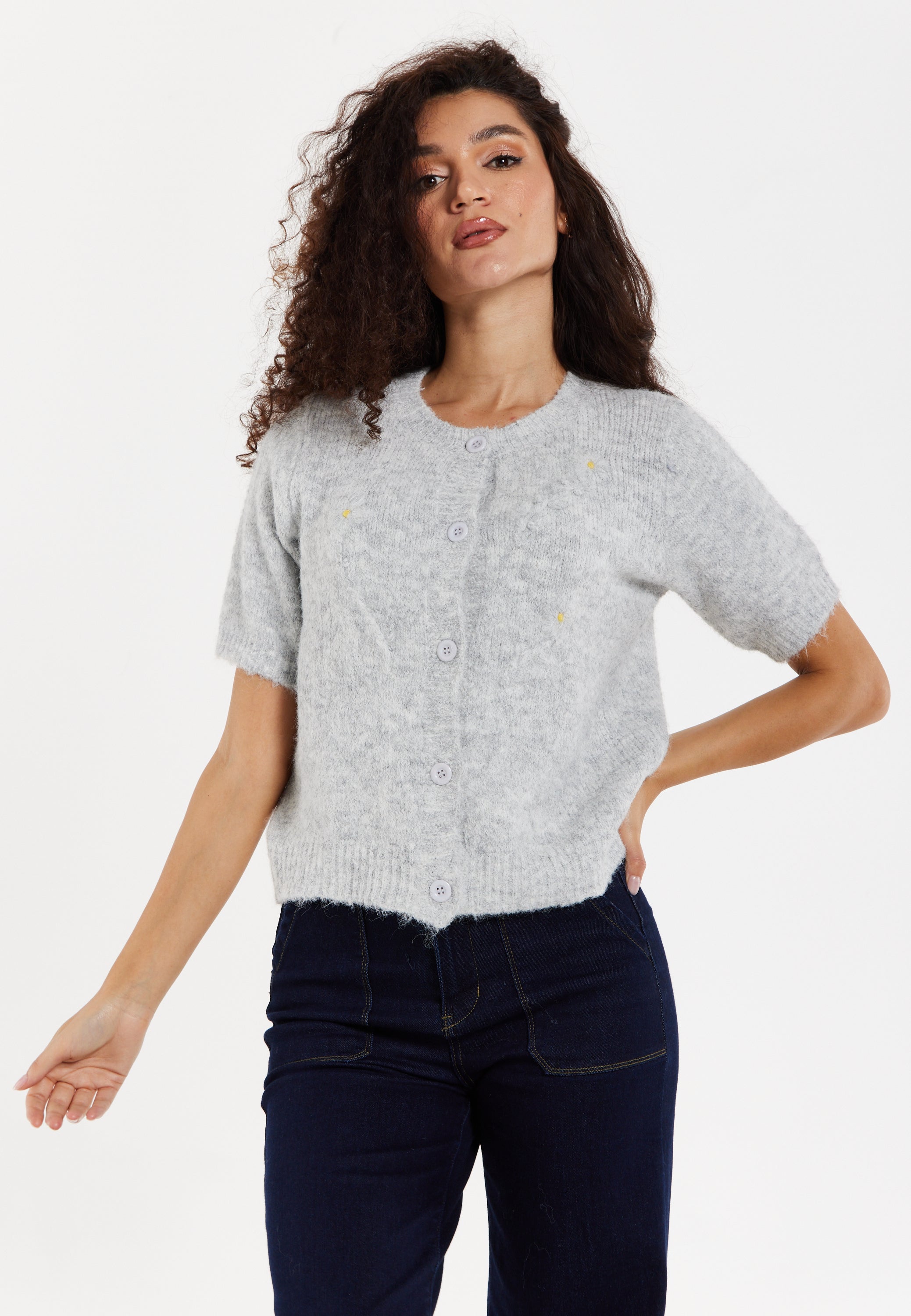 Women's Cardigan Grey Floral Knitted Short Sleeve with Button Down Style - Liquorish