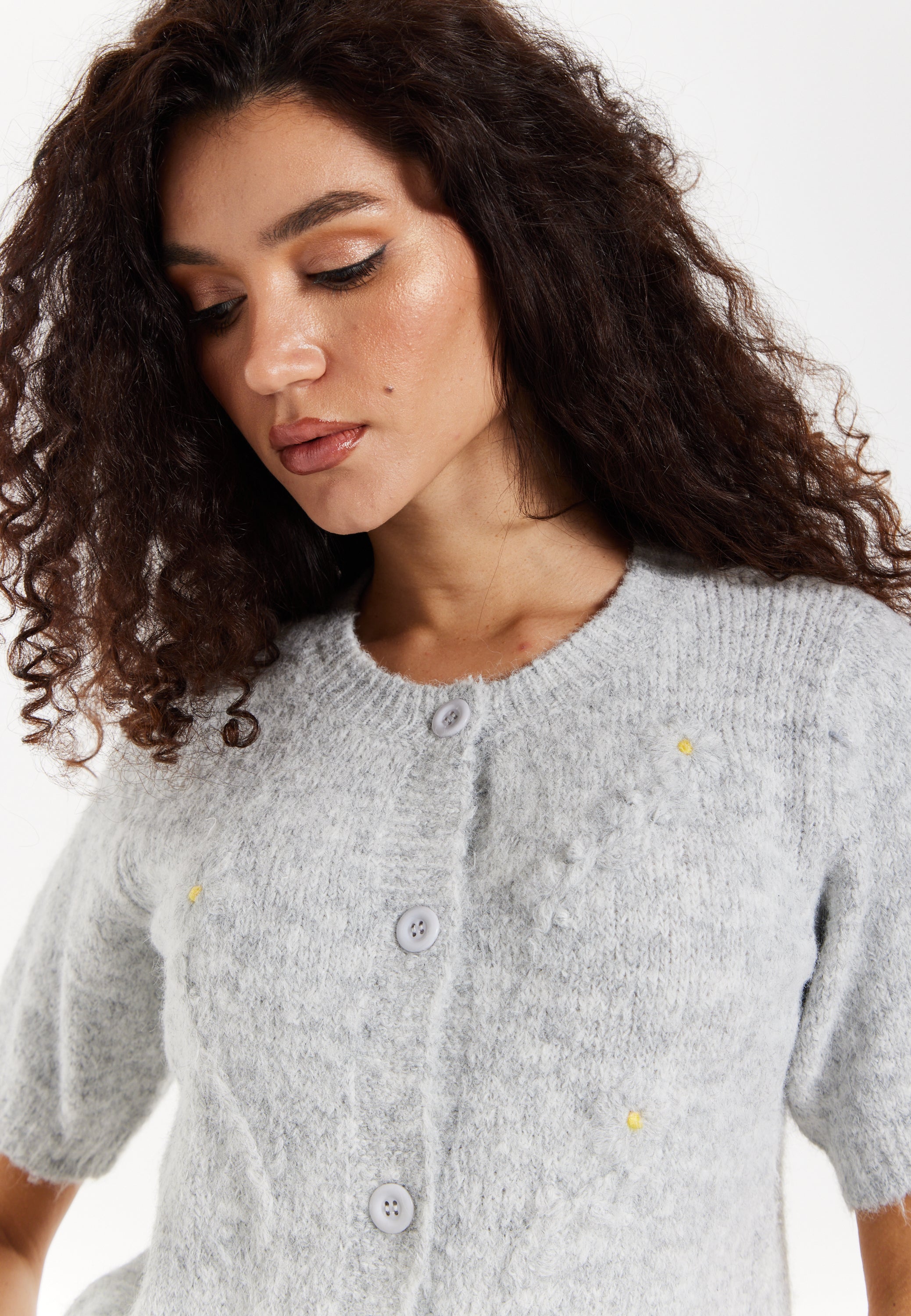 Women's Cardigan Grey Floral Knitted Short Sleeve with Button Down Style - Liquorish