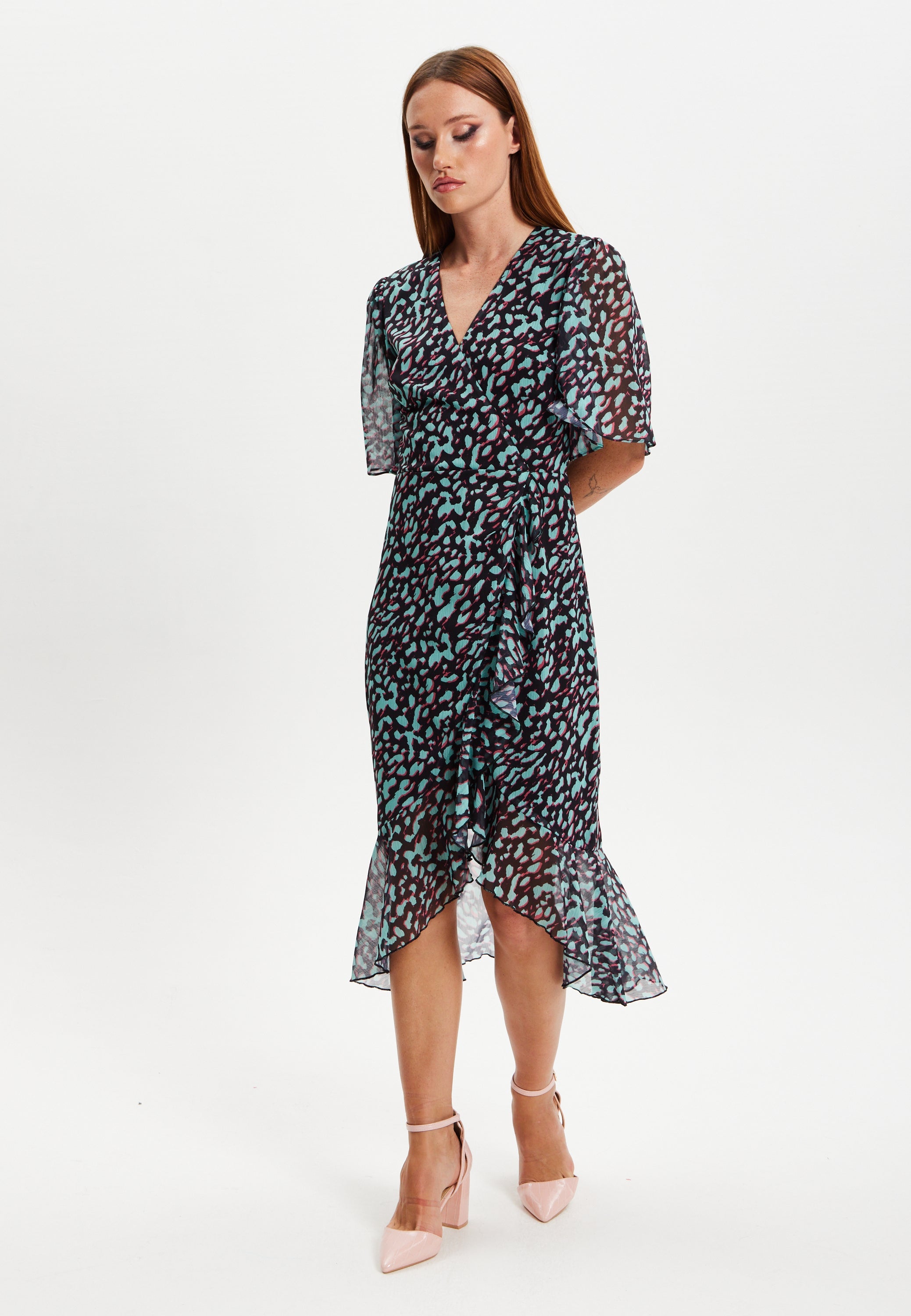 Women's Midi Dress with V-Neck and Long Sleeves in Animal Print Organza - Liquorish