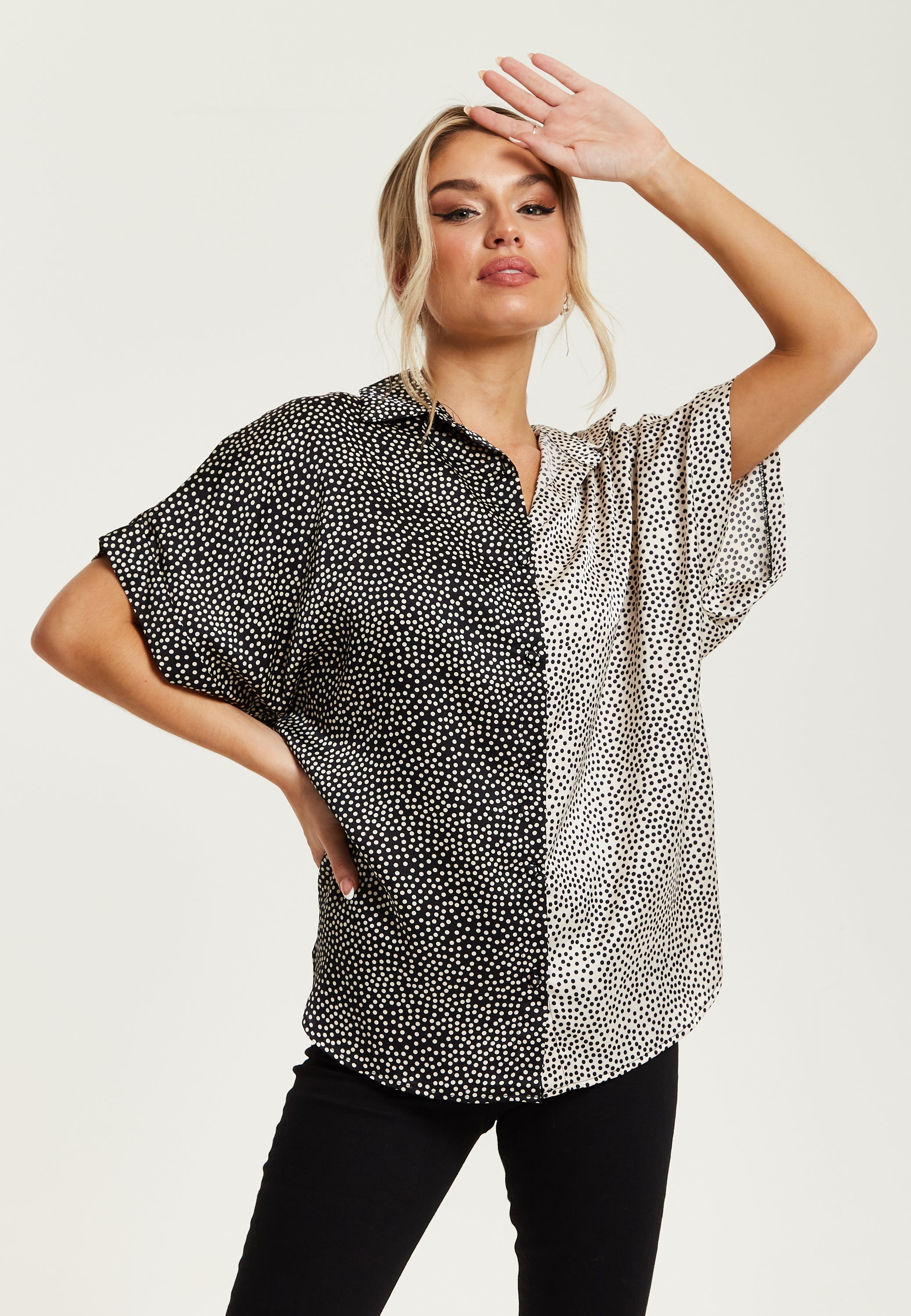 Women’s Monochrome Polka Dot Print Shirt with Short Sleeves, Button-Up Front, Regular Fit, Shirt Collar