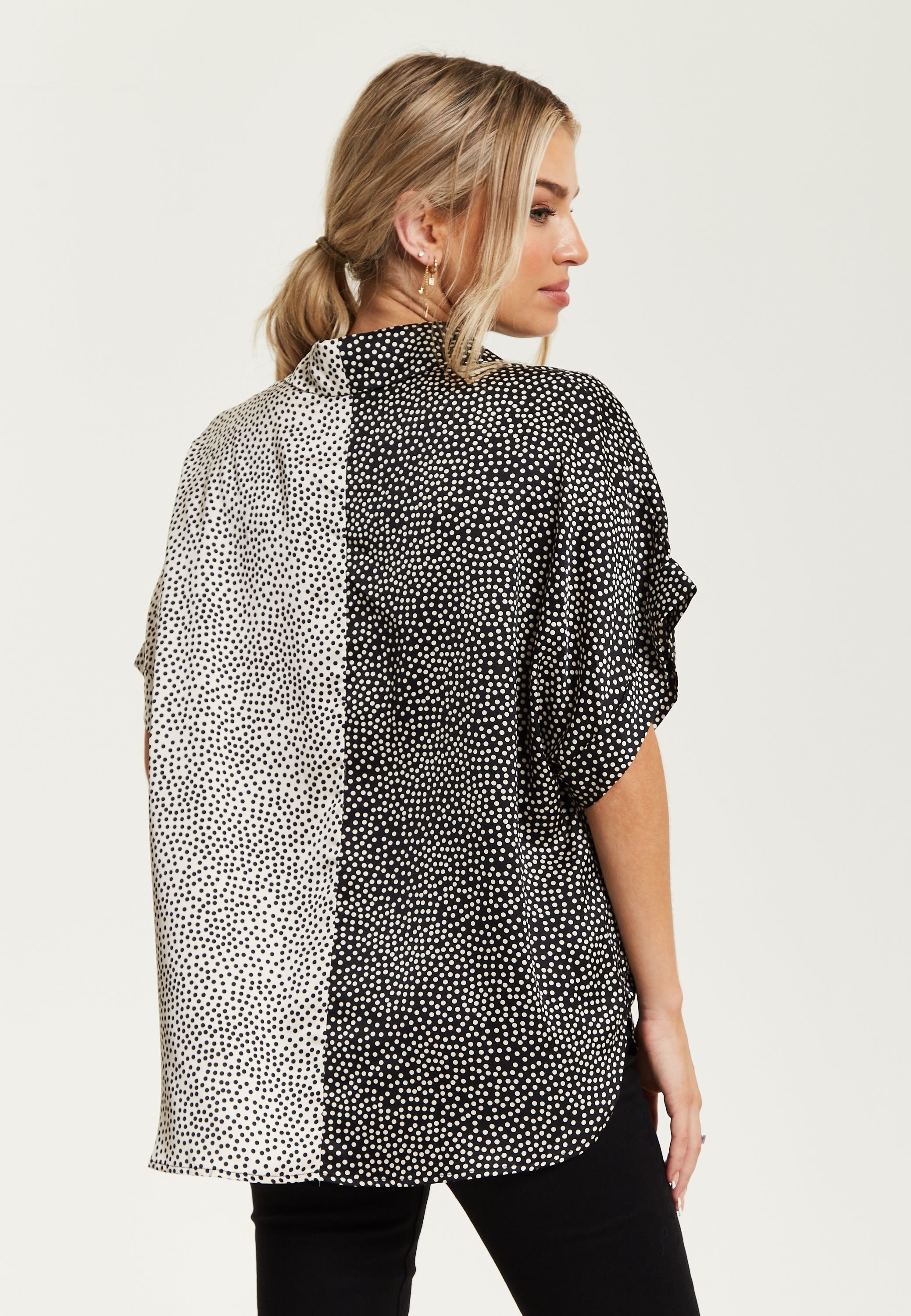 Women’s Monochrome Polka Dot Print Shirt with Short Sleeves, Button-Up Front, Regular Fit, Shirt Collar