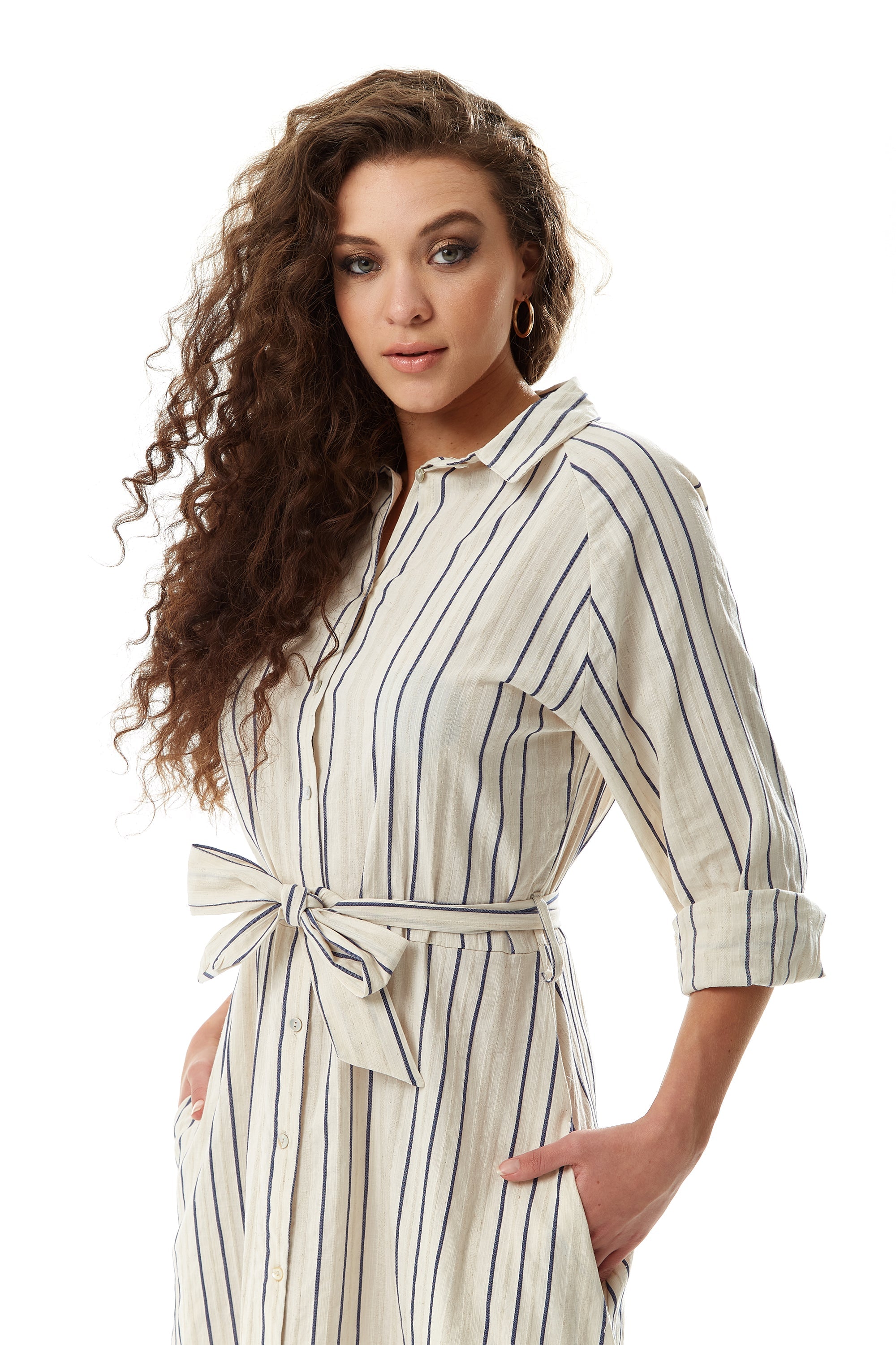 Women's Midi Dress in White with Long Sleeves and Navy Stripes - Elegant Button Up Style by Liquorish