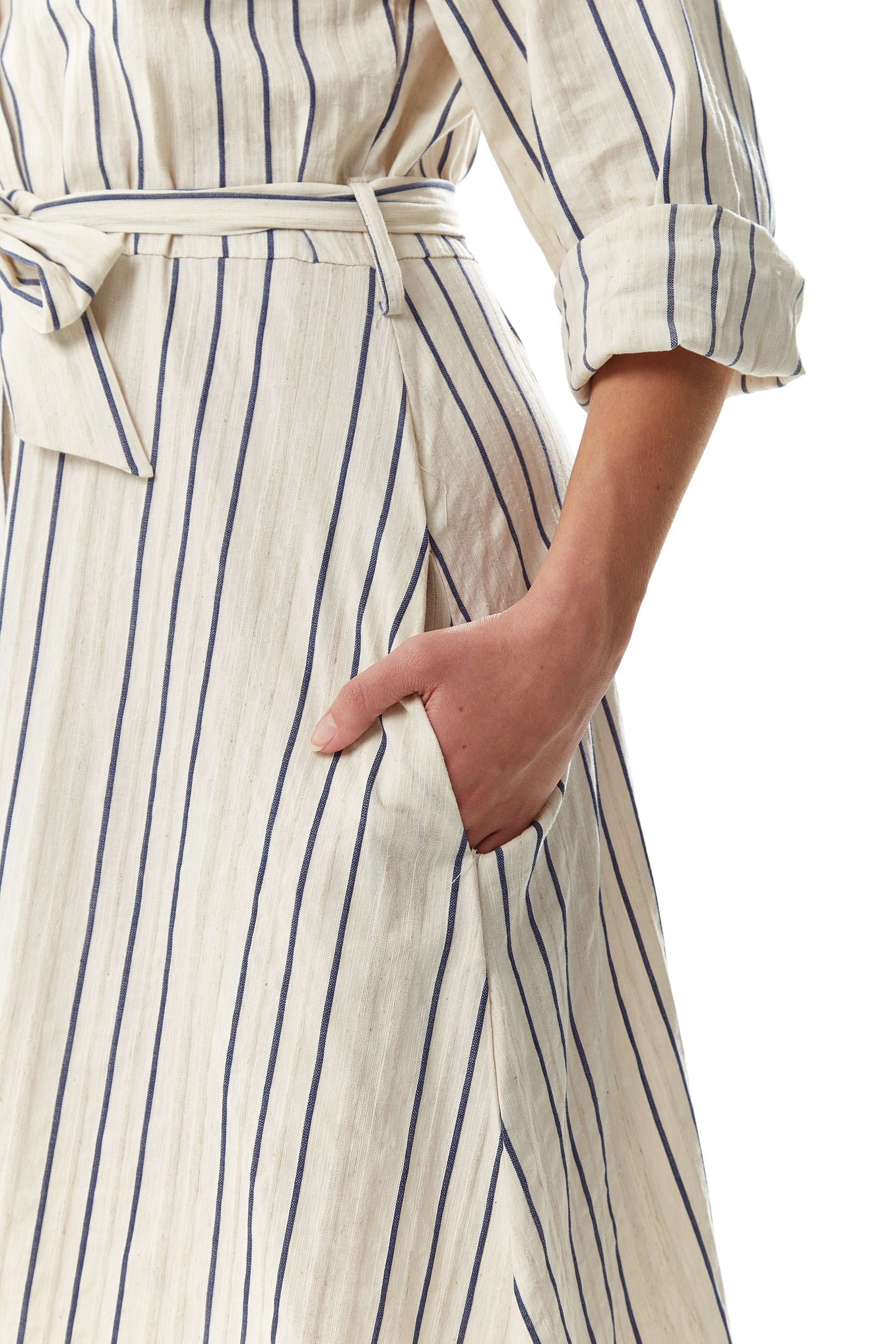 Women's Midi Dress in White with Long Sleeves and Navy Stripes - Elegant Button Up Style by Liquorish