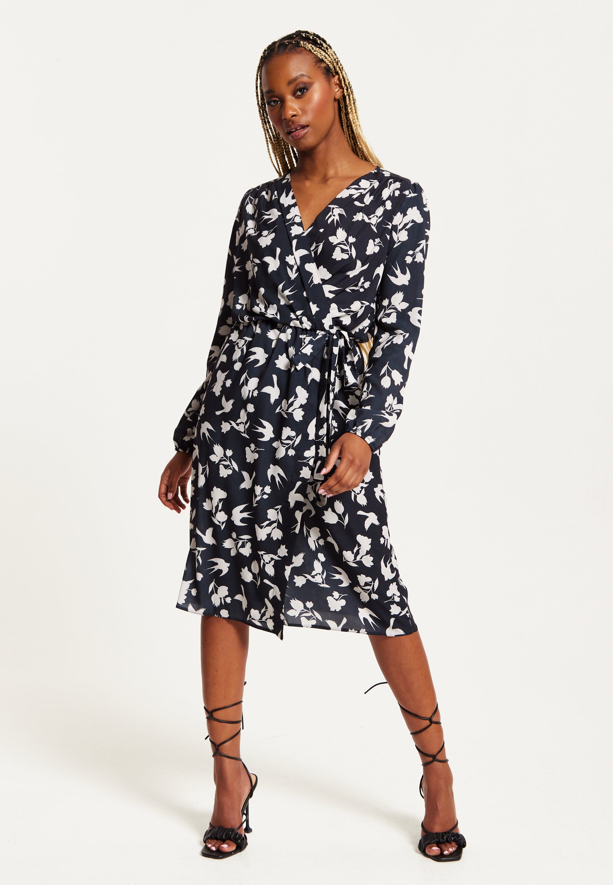 Women's Midi Wrap Dress in Navy with Long Sleeves and Floral & Bird Print - Chic Style by Liquorish