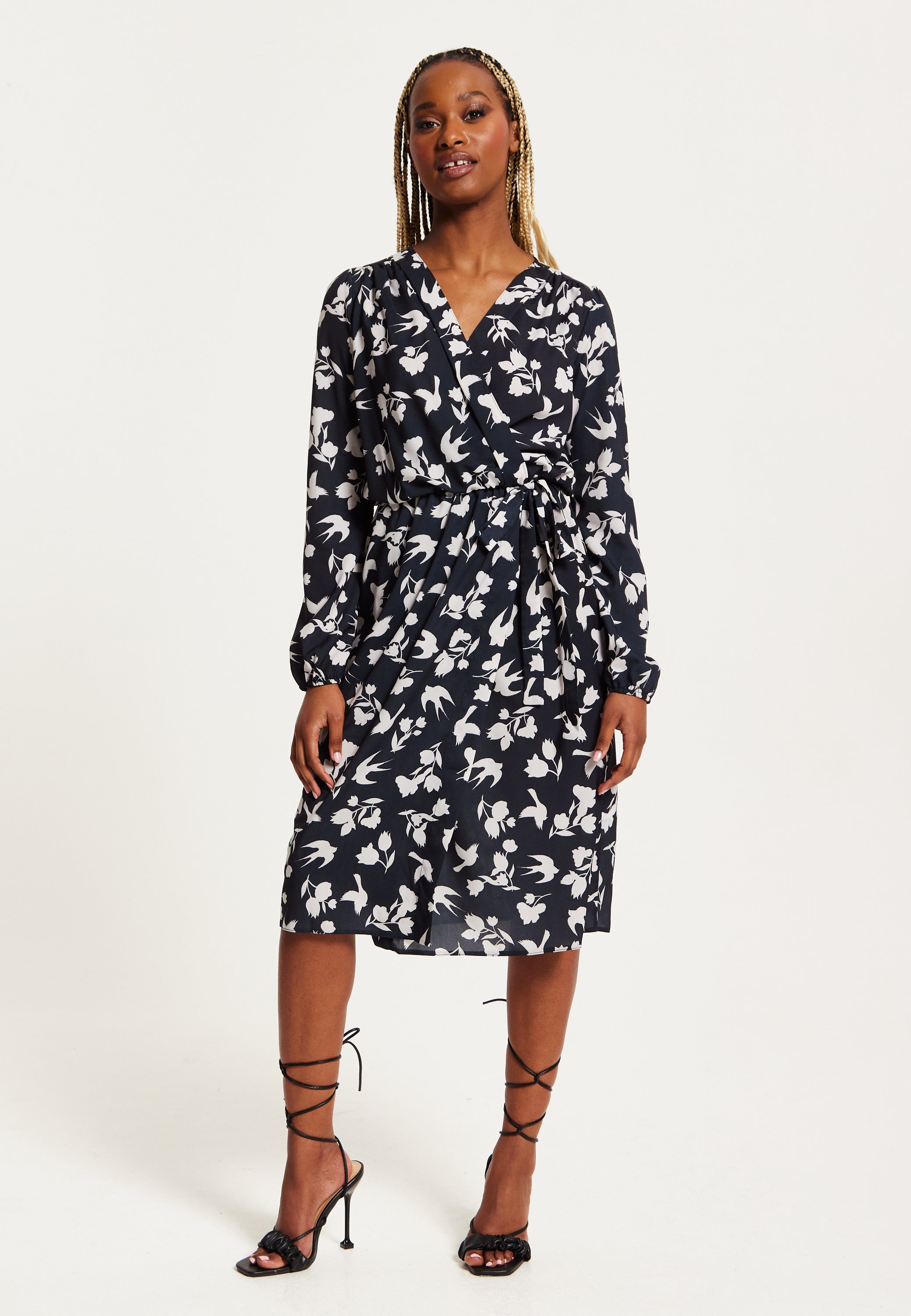 Women's Midi Wrap Dress in Navy with Long Sleeves and Floral & Bird Print - Chic Style by Liquorish