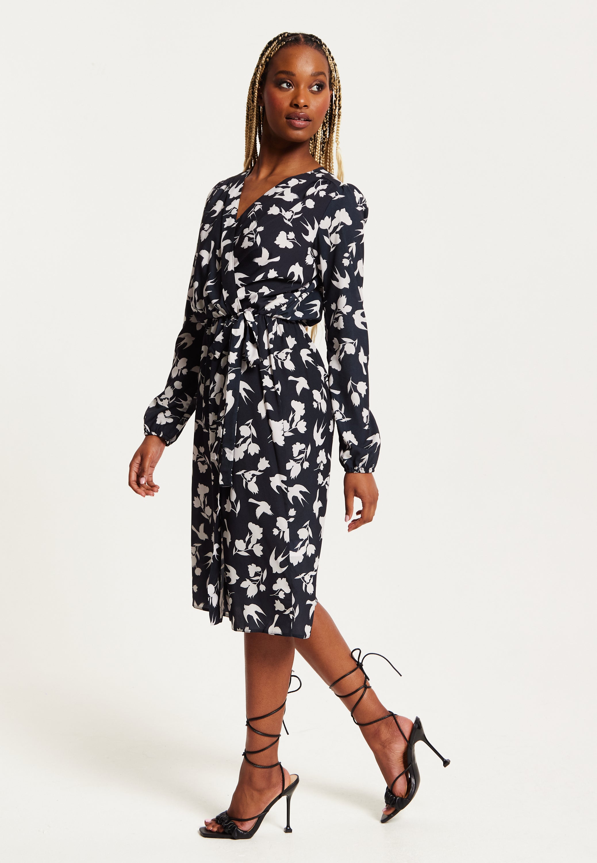 Women's Midi Wrap Dress in Navy with Long Sleeves and Floral & Bird Print - Chic Style by Liquorish