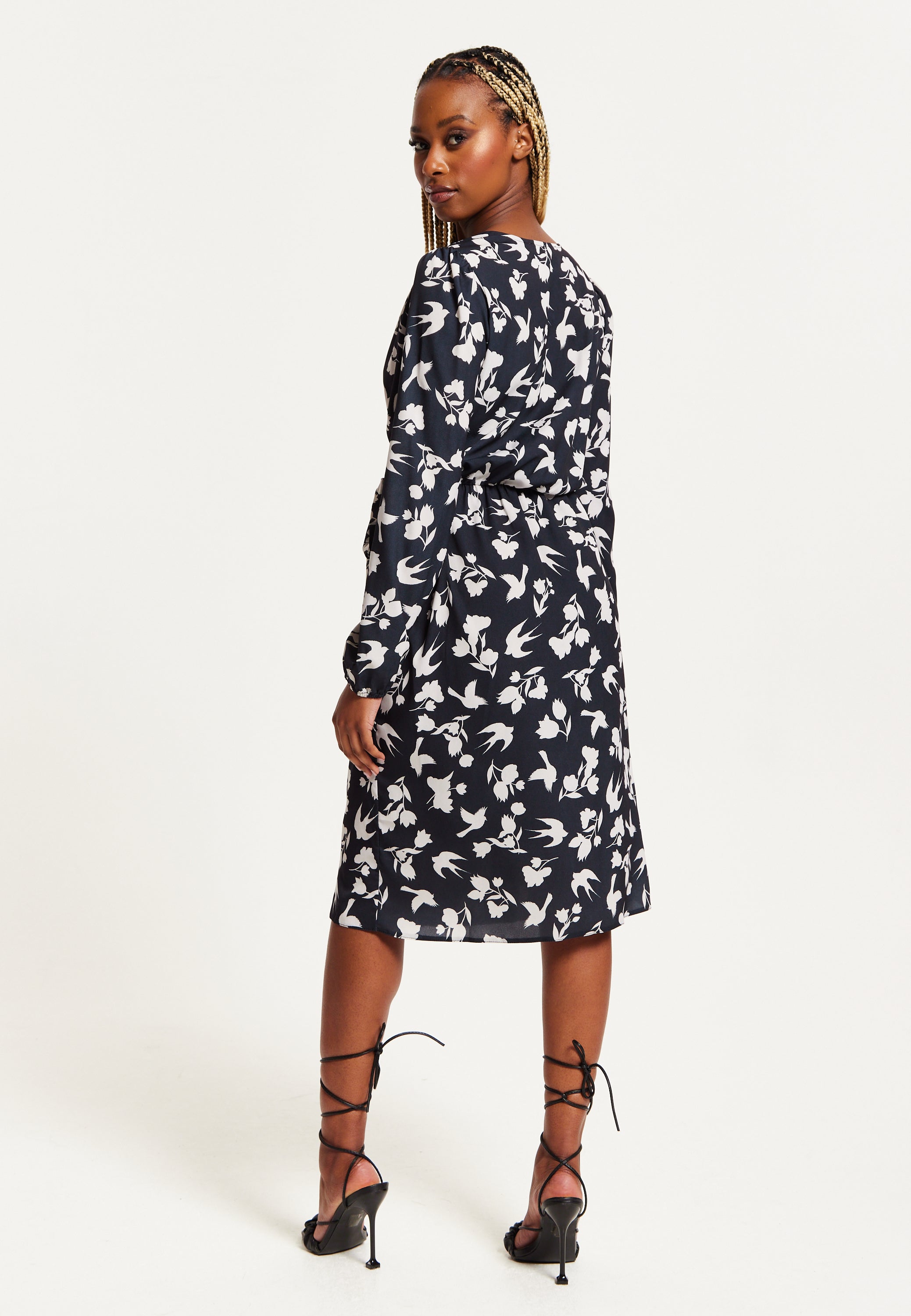 Women's Midi Wrap Dress in Navy with Long Sleeves and Floral & Bird Print - Chic Style by Liquorish