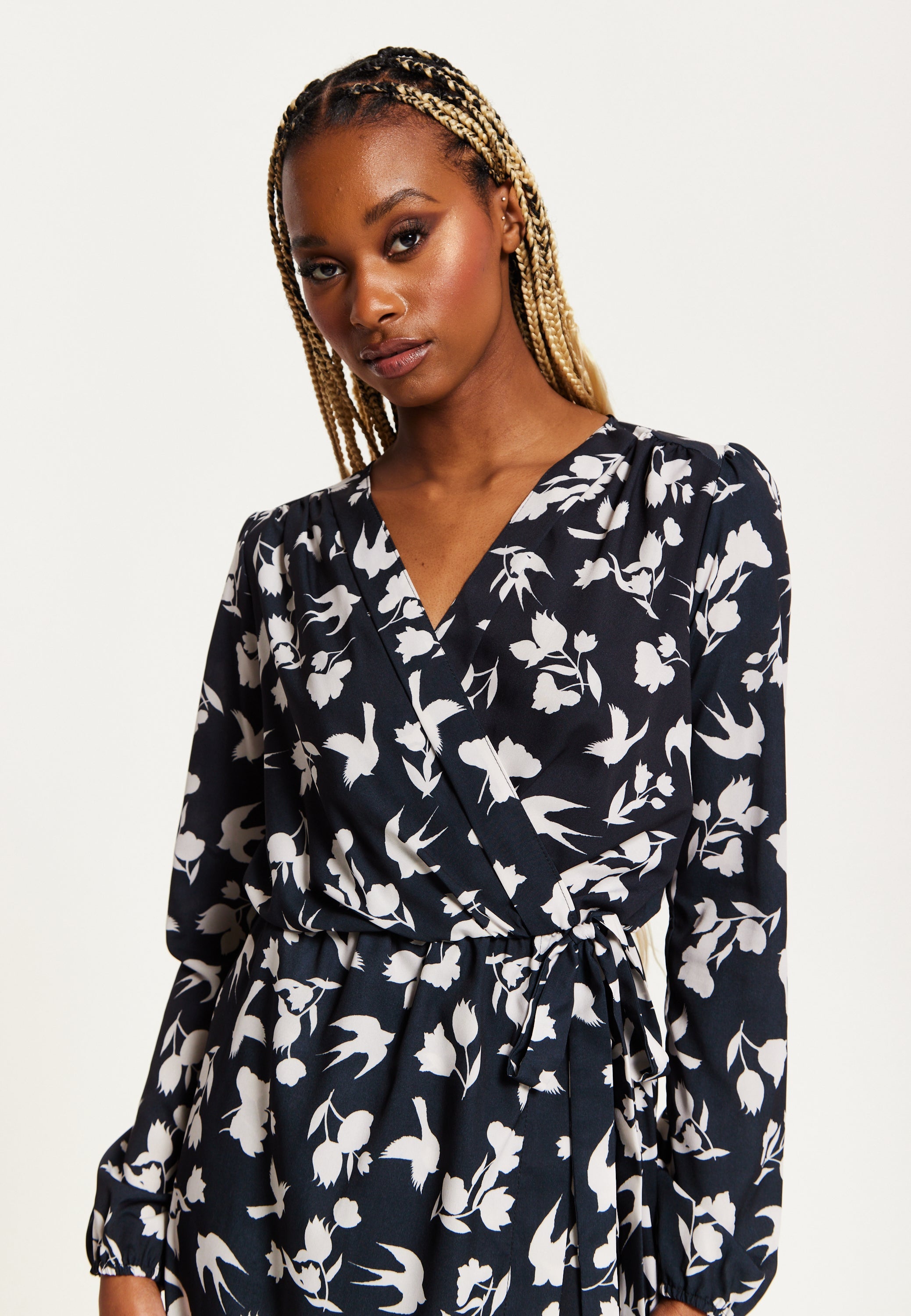 Women's Midi Wrap Dress in Navy with Long Sleeves and Floral & Bird Print - Chic Style by Liquorish