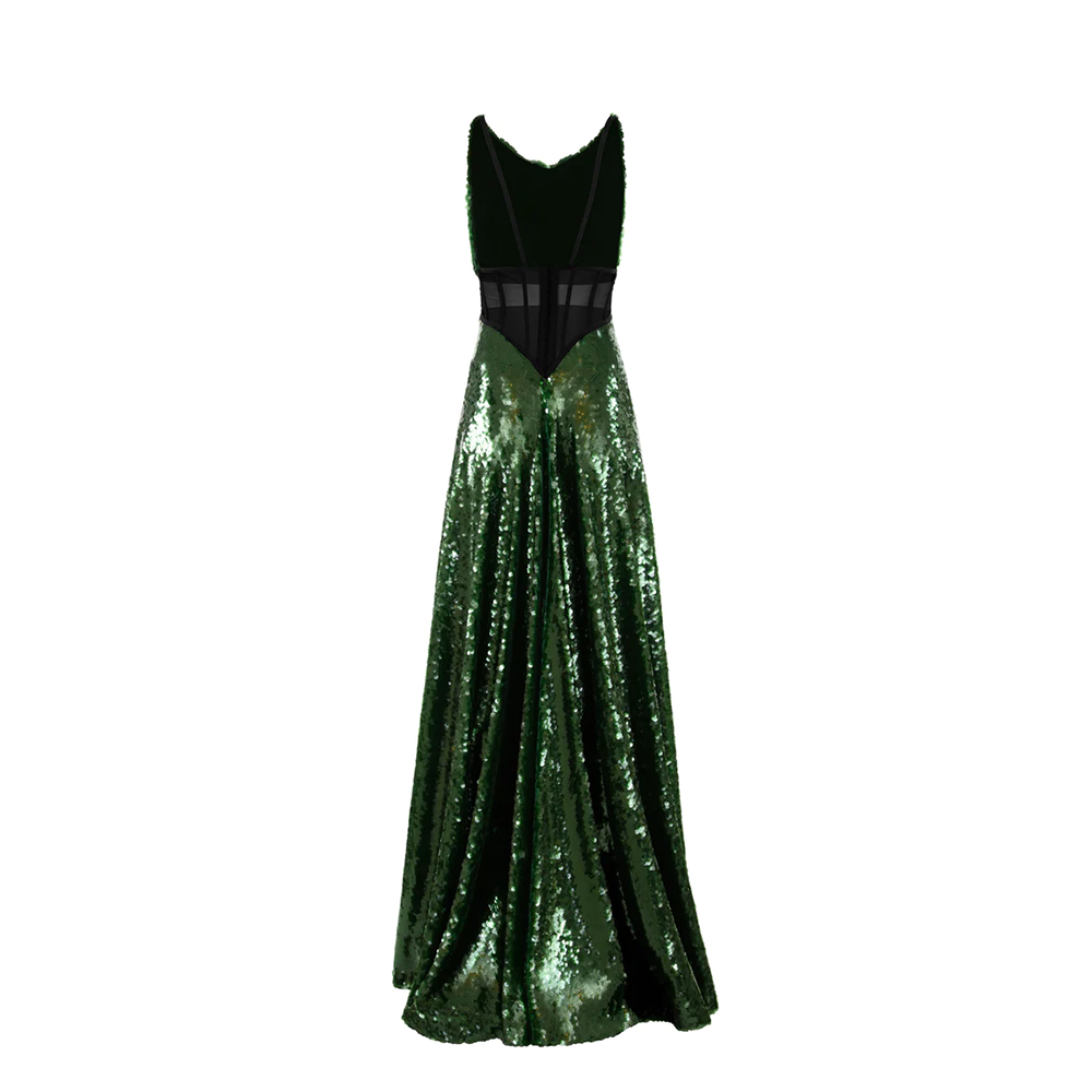 Green A-Line sequins floral design dress. 