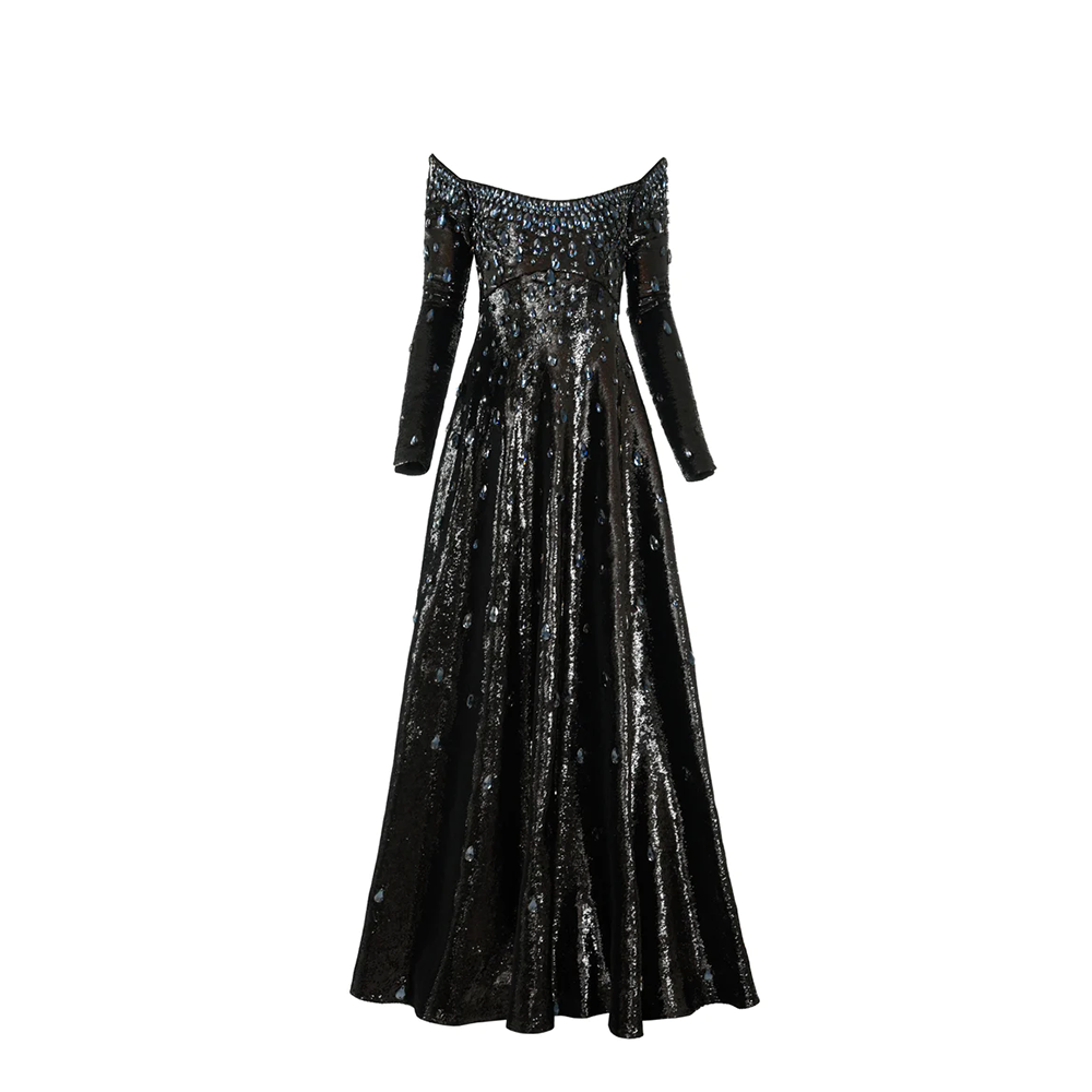 An off the shoulder sequined dress fully embroidered with midnight blue crystals. Absolutely stunning! 
