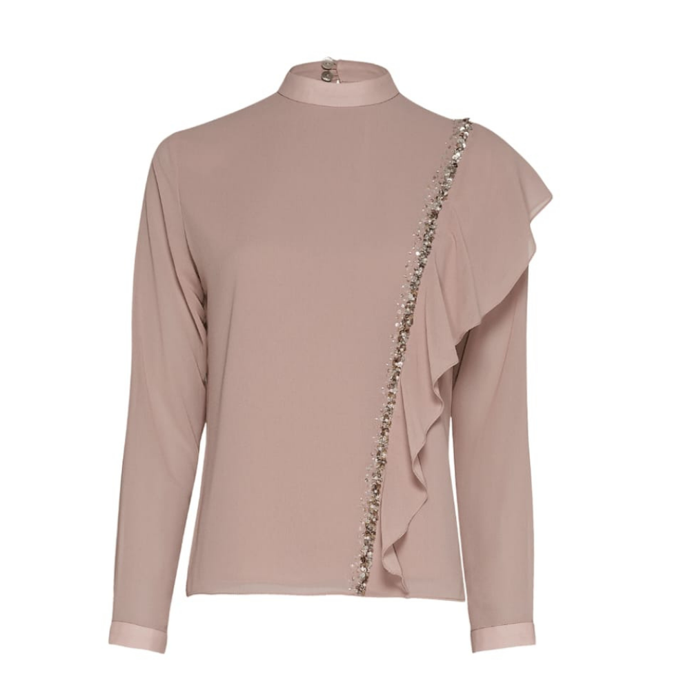 Elegant chiffon high neck top with intricate embroidery ruffle detail. 100% polyester for luxurious comfort.