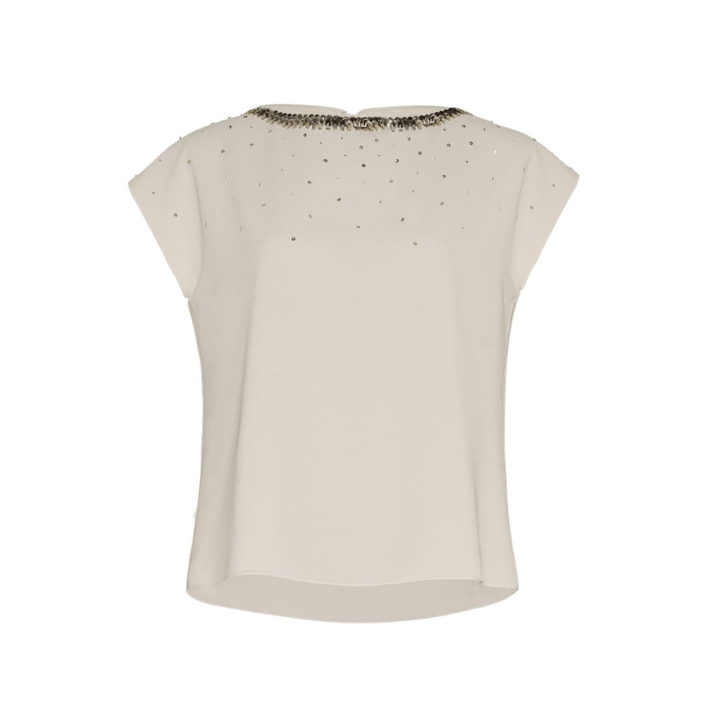 Chic boat neck top with exquisite neckline embroidery. Pure chiffon, 100% polyester for luxe elegance.