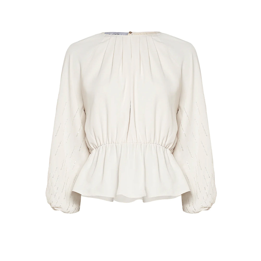 Elevate your look with this peplum top, featuring embroidered bubble sleeves and a pleated neckline.