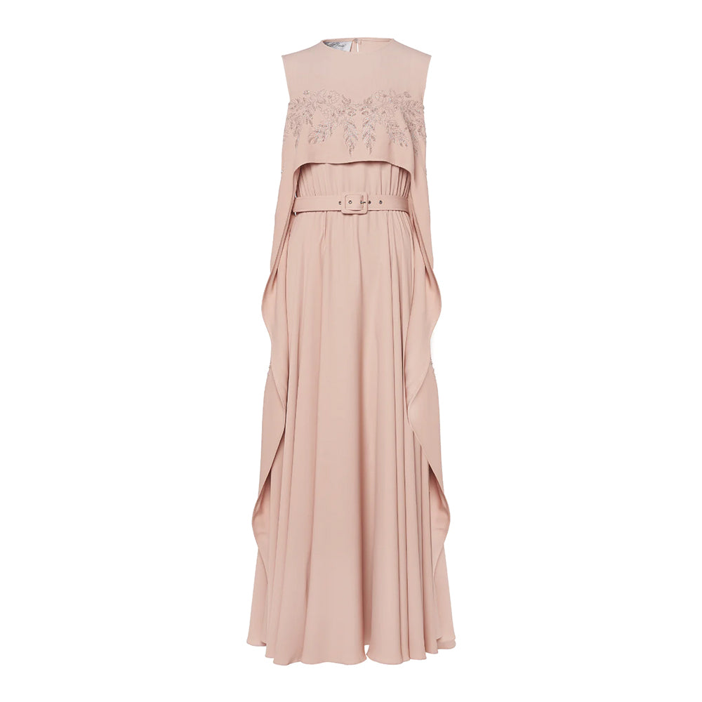 This sleeveless dress boasts a sweetheart cape detail and a belt for a chic, feminine look.