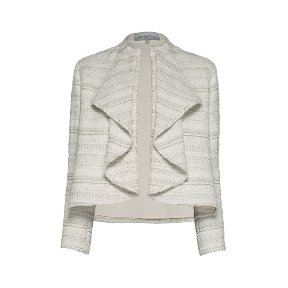 Chic tweed jacket with delicate ruffle detail. 100% polyester for timeless elegance and comfort.