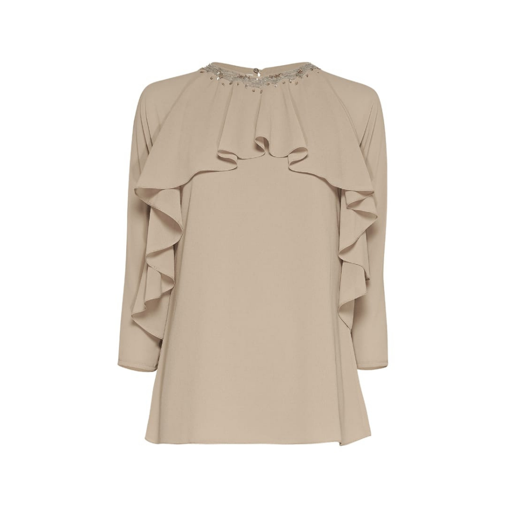 Chic raglan sleeves top with delicate embroidery; ruffle detail. Luxe chiffon, 100% polyester.