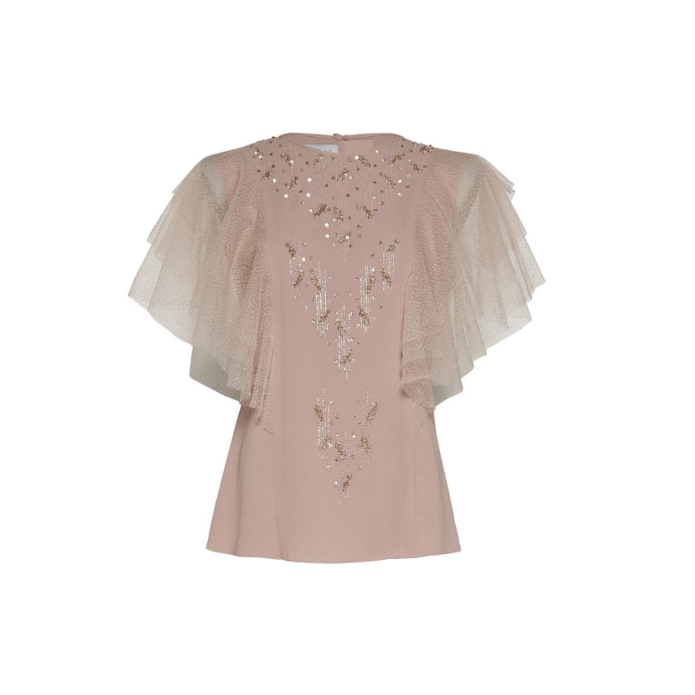 Chic top with embroidery; tier ruffle tulle sleeves. Luxe chiffon ; tulle, 100% polyester for sophistication.
