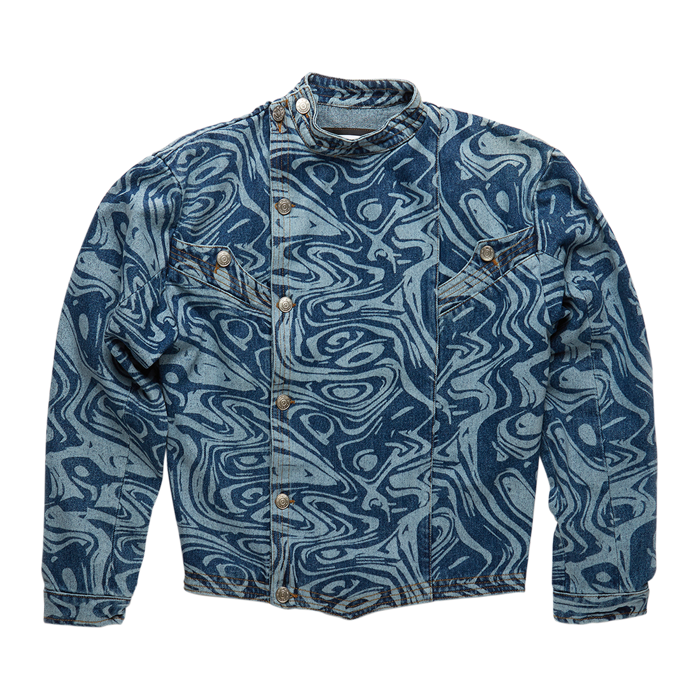 Horde Studio's Andras dark blue men's denim jacket in a contrast motif pattern crafted in rigid denim
