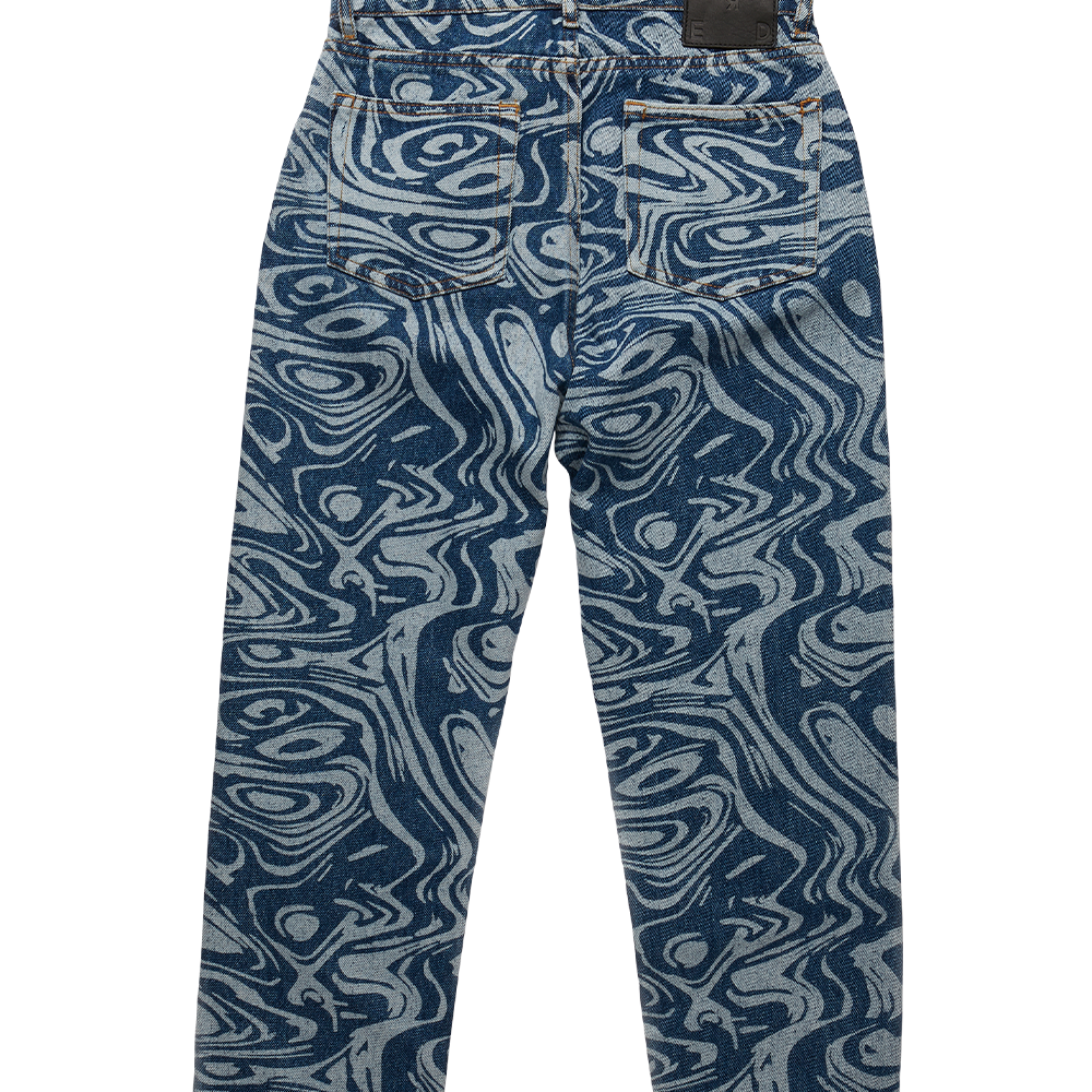 Arden women's dark blue jeans in a contrast marble pattern motif. 