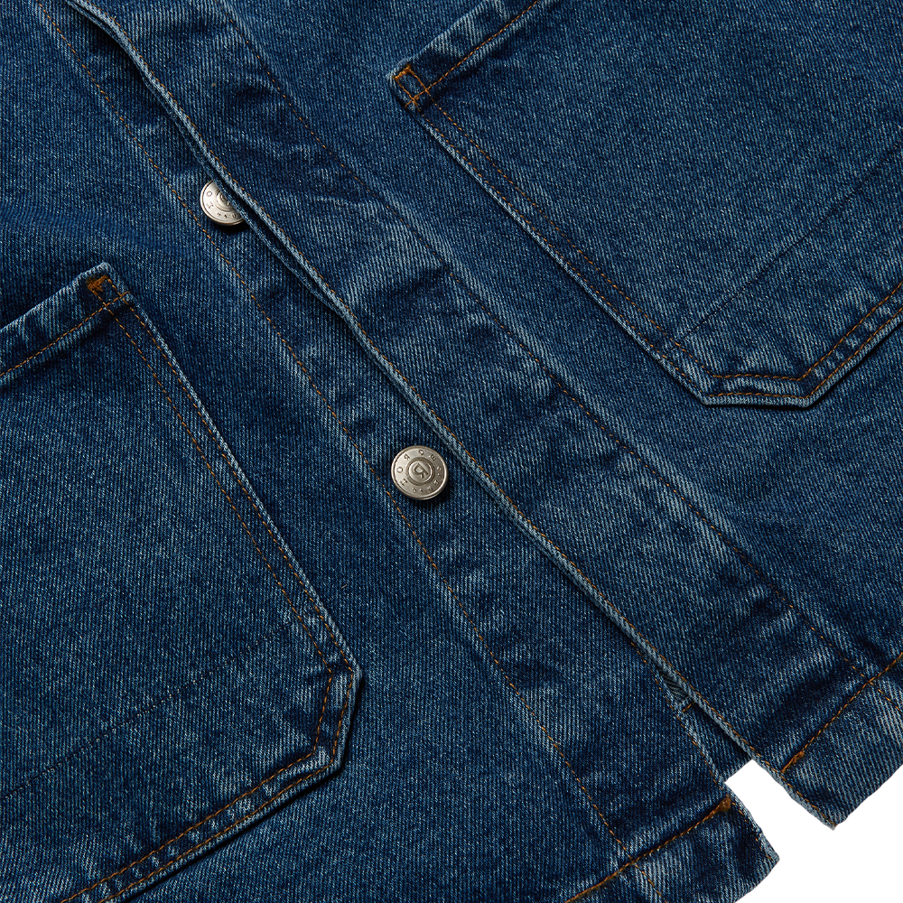 Crafted from organic cotton denim, the Aurun indigo-blue men's workwear jacket has a gentle wash finish