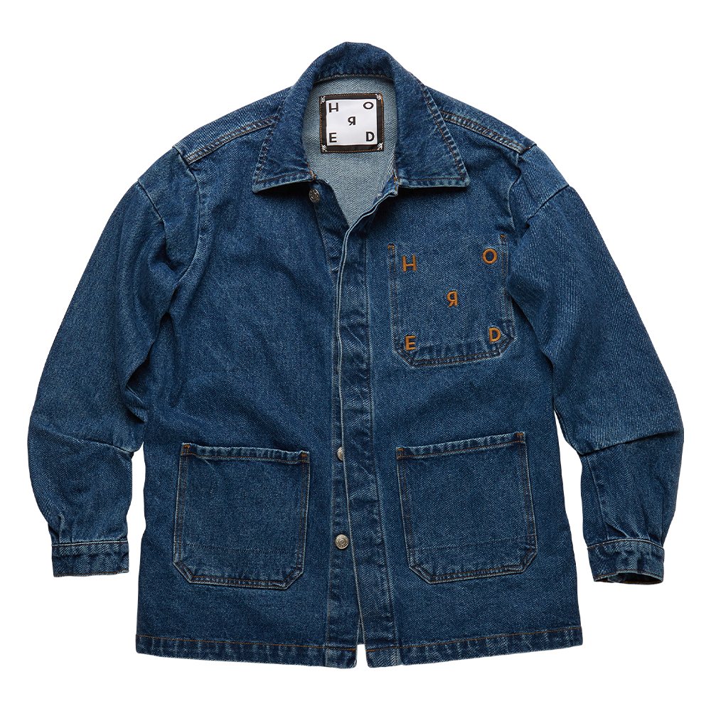 Crafted from organic cotton denim, the Aurun indigo-blue men's workwear jacket has a gentle wash finish