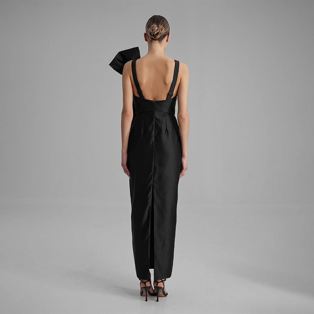 Black column silhouette dress made from Mikado, features V neckline. Perfect for evening or casual party. Explore evening gowns & dresses. Shop now!