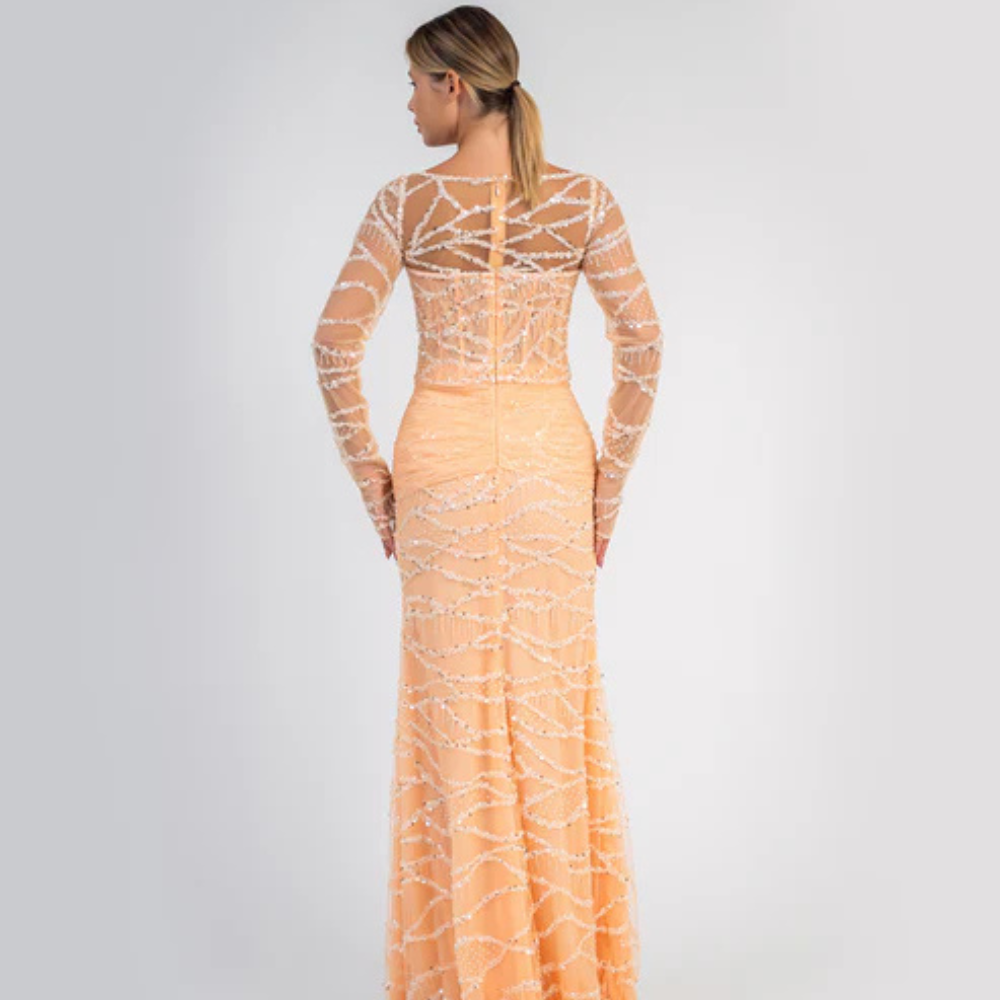 Shop online striking peach gown with shimmering details, sheer sleeves and graceful flowing silhouette, perfect for parties and special occasions.