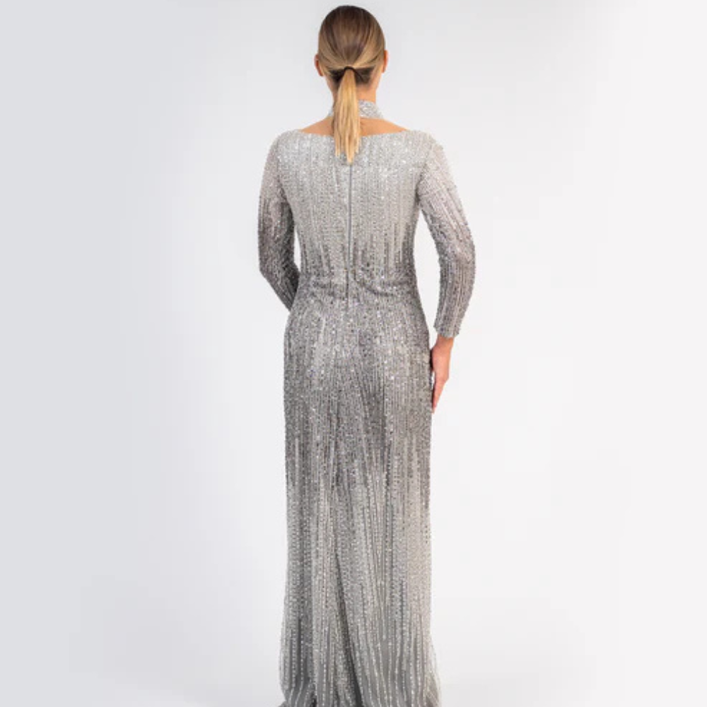 Shop online stunning ombré gown with shimmering sequins, sheer details and timeless elegance, perfect for parties and special occasions.
