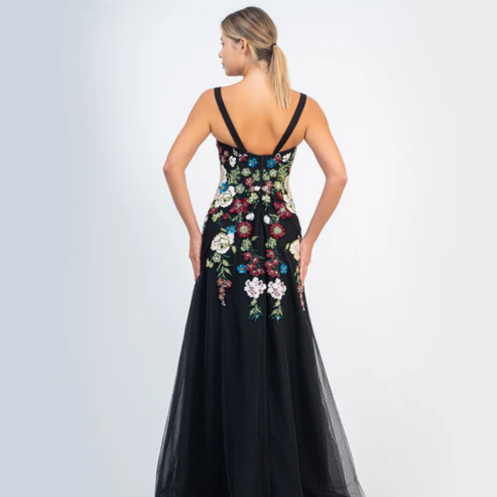 Shop online timeless black gown with blooming floral details and graceful flowing silhouette, perfect for parties, receptions and special occasions.
