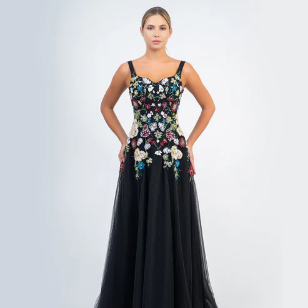 Shop online timeless black gown with blooming floral details and graceful flowing silhouette, perfect for parties, receptions and special occasions.