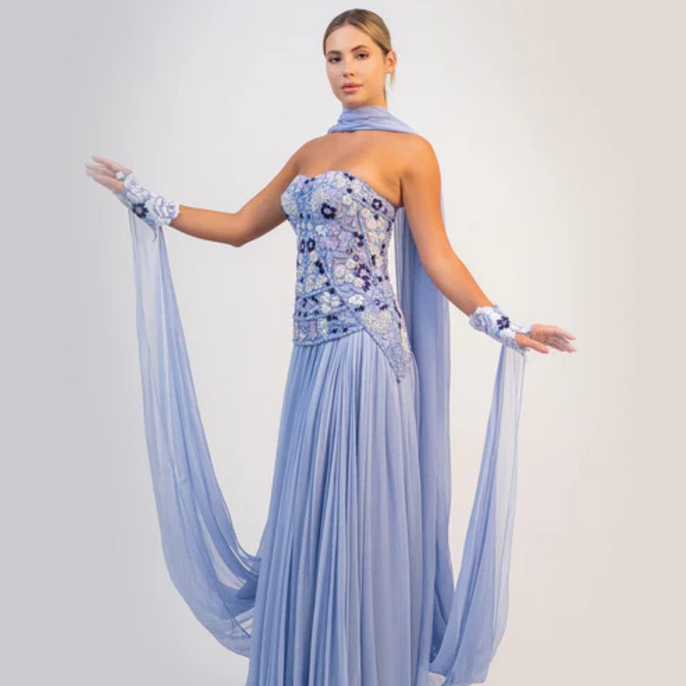 Shop online soft purple-blue gown with beaded floral corset and airy cape silhouette, perfect for parties and special occasions.