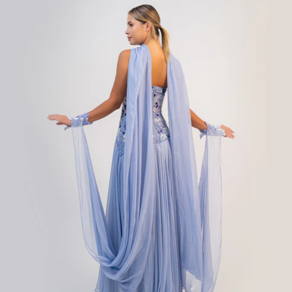 Shop online soft purple-blue gown with beaded floral corset and airy cape silhouette, perfect for parties and special occasions.